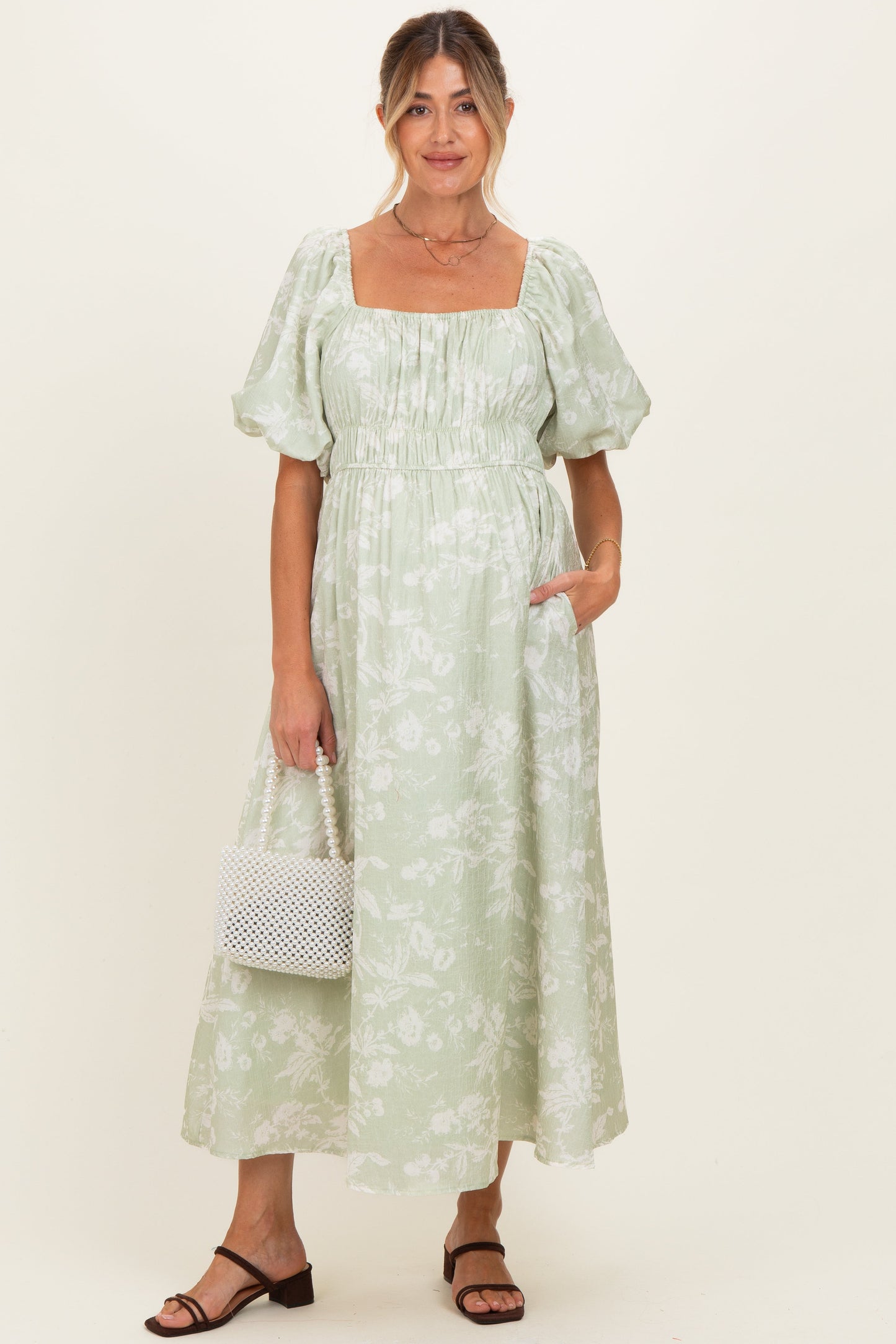 Sage Puff Sleeve Smocked Waist Maternity Midi Dress