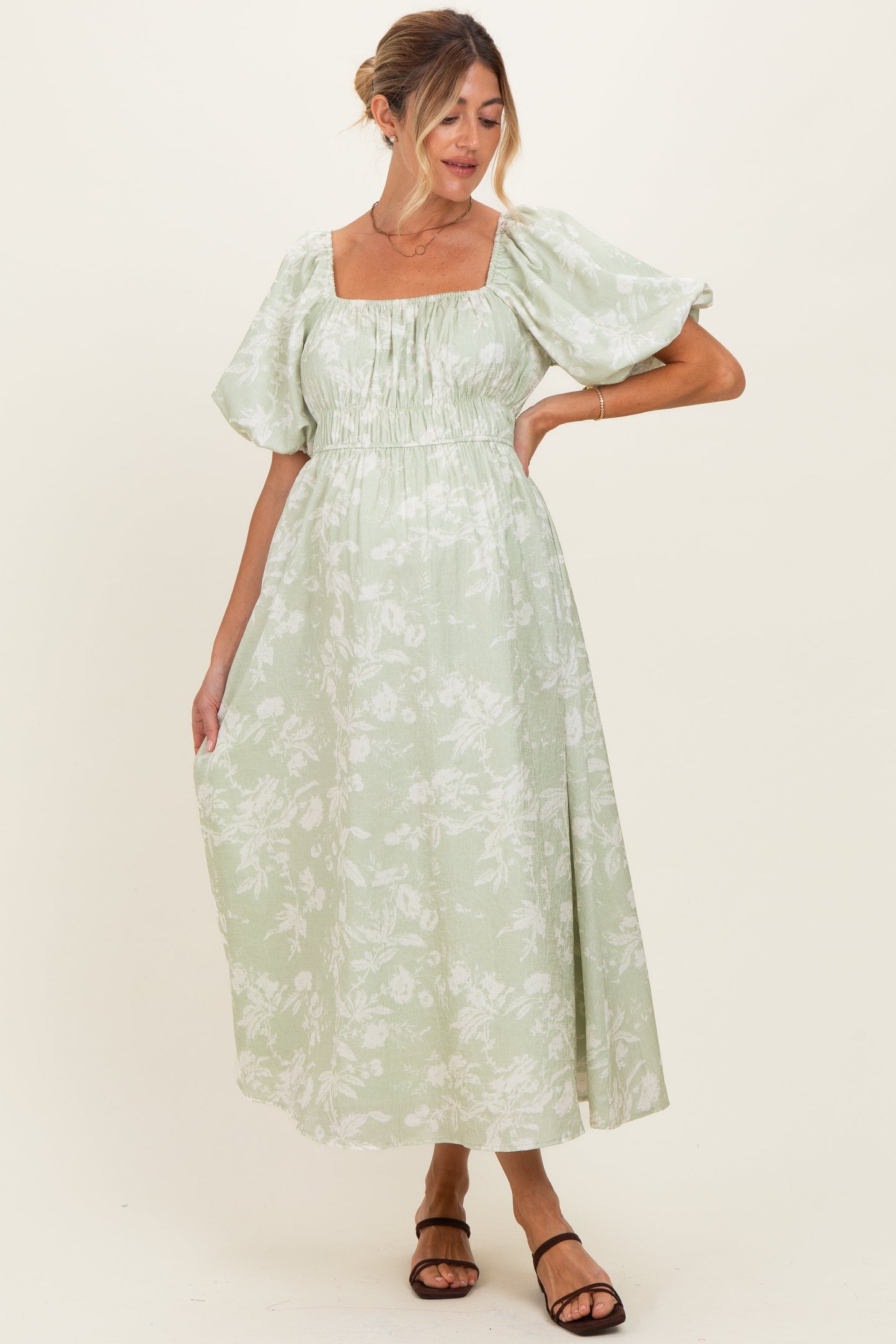 Sage Puff Sleeve Smocked Waist Maternity Midi Dress