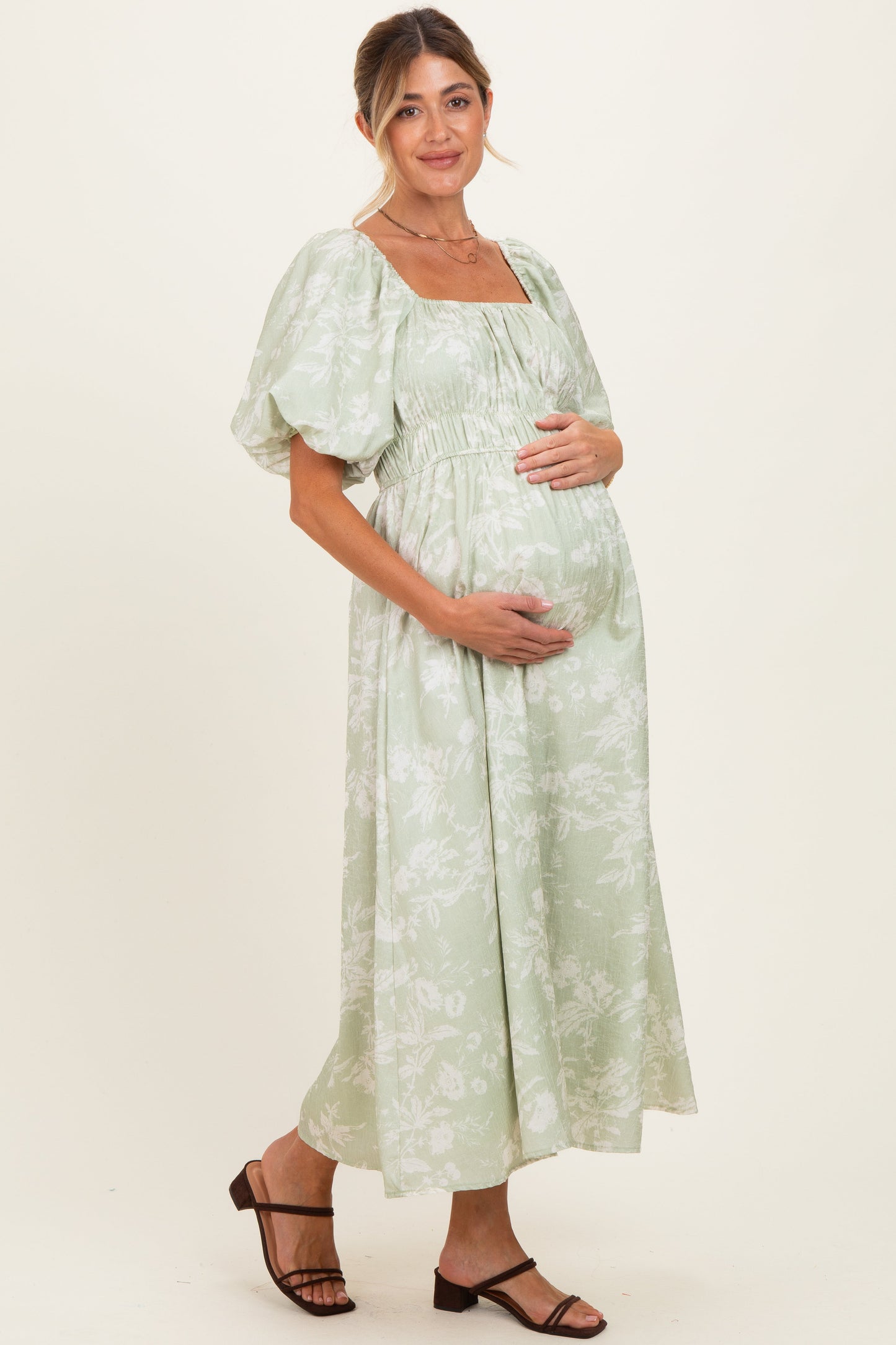 Sage Puff Sleeve Smocked Waist Maternity Midi Dress