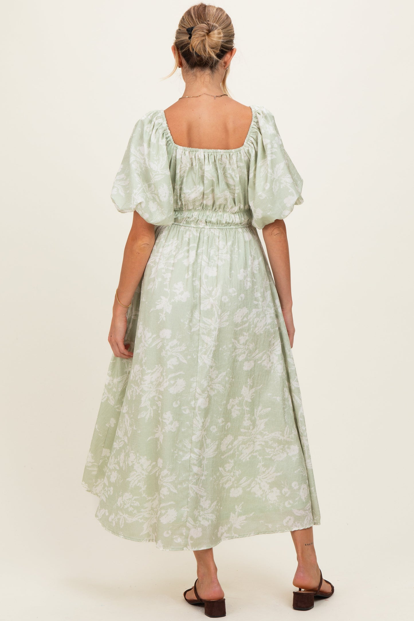 Sage Puff Sleeve Smocked Waist Maternity Midi Dress