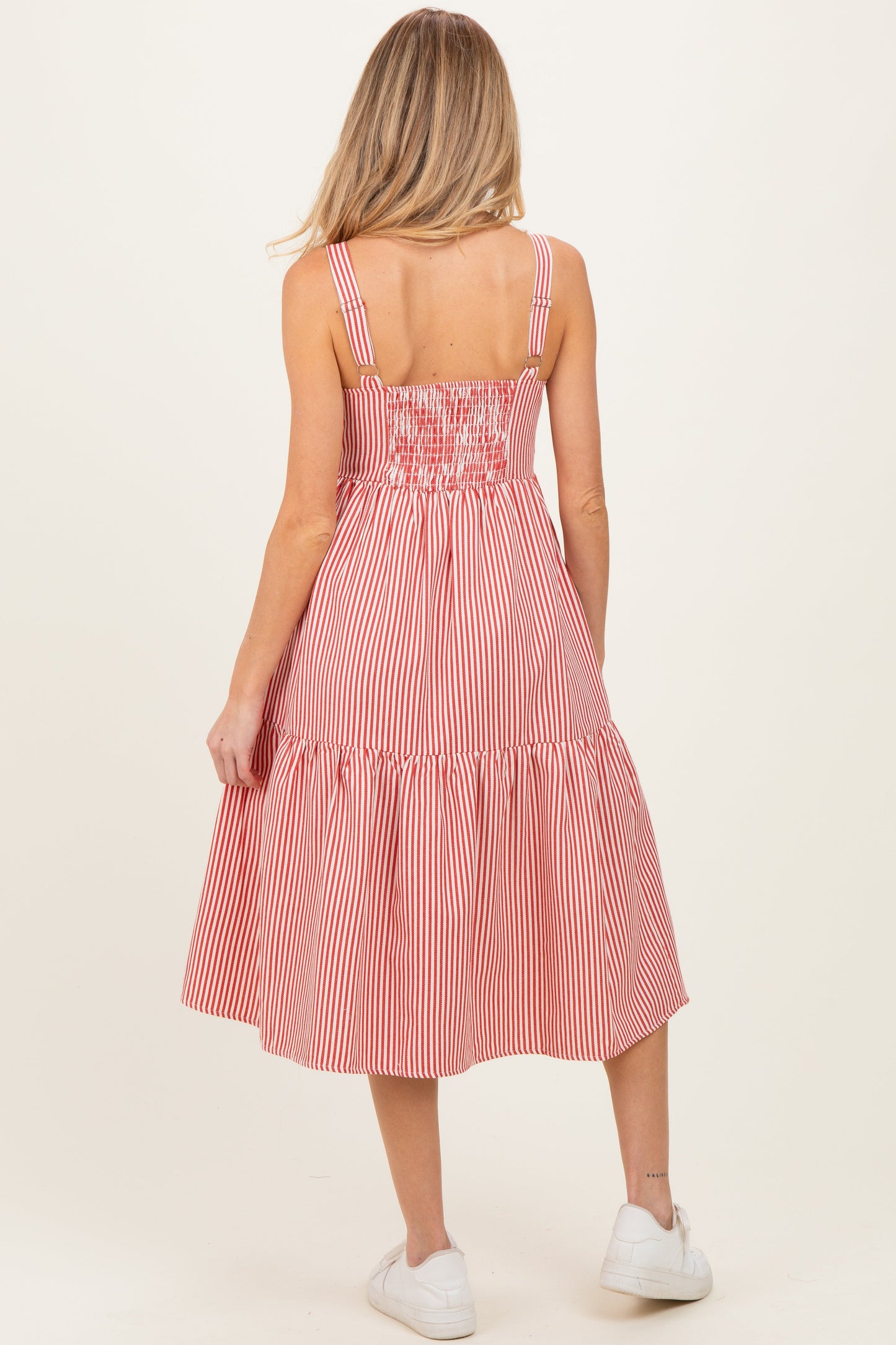 Red Striped Tiered Maternity Overall Dress