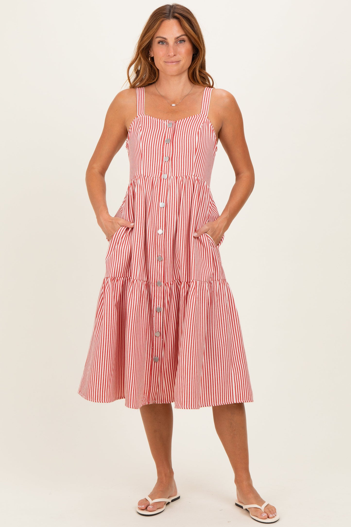 Red Striped Tiered Maternity Overall Dress