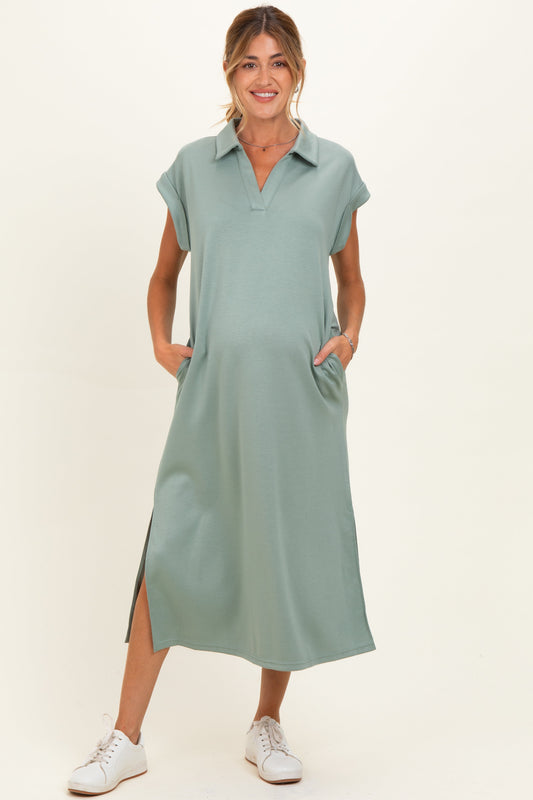 Sage Collared Oversized Maternity Midi Dress