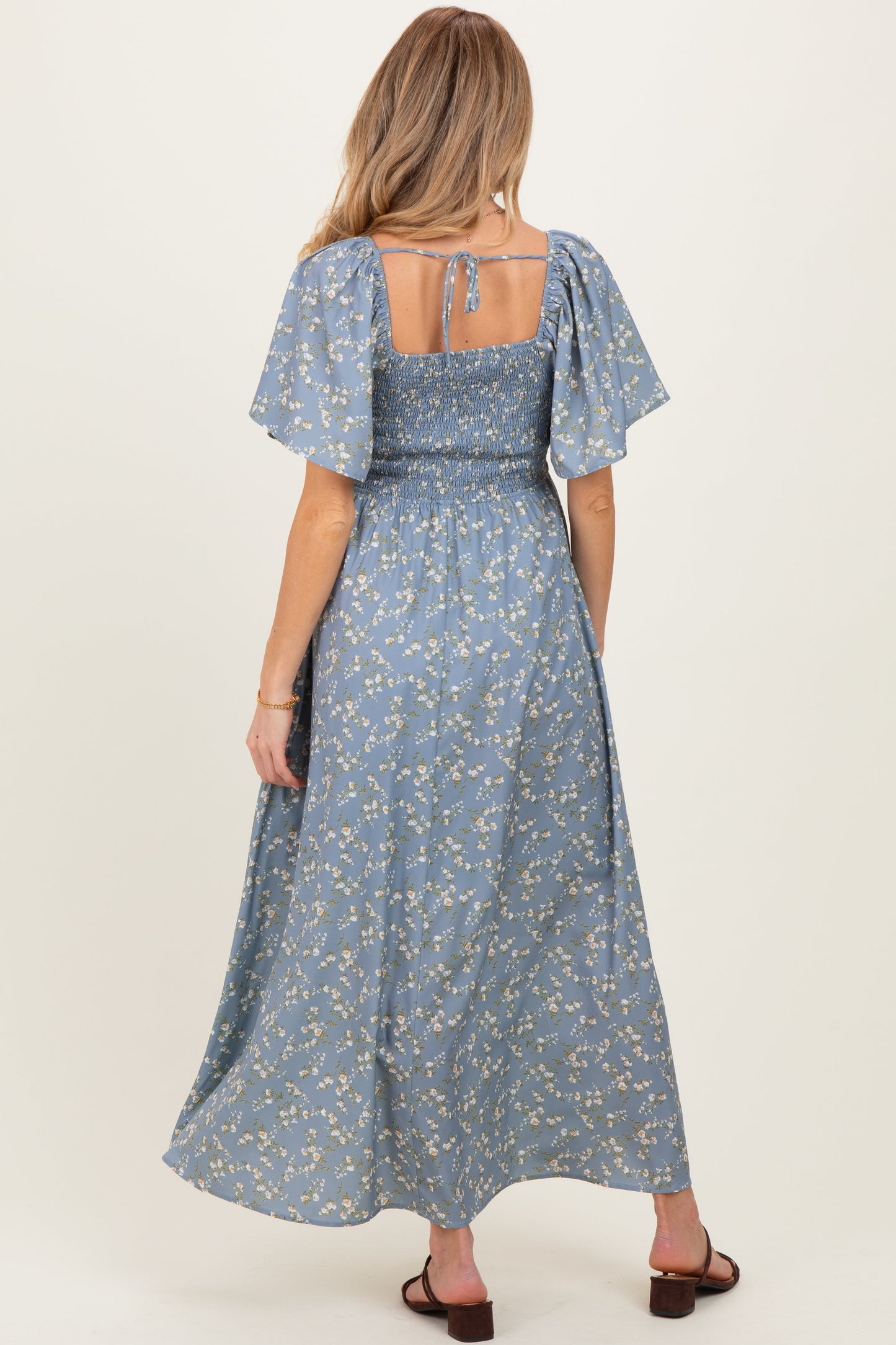 Grey Floral Smocked Flutter Sleeve Maternity Midi Dress