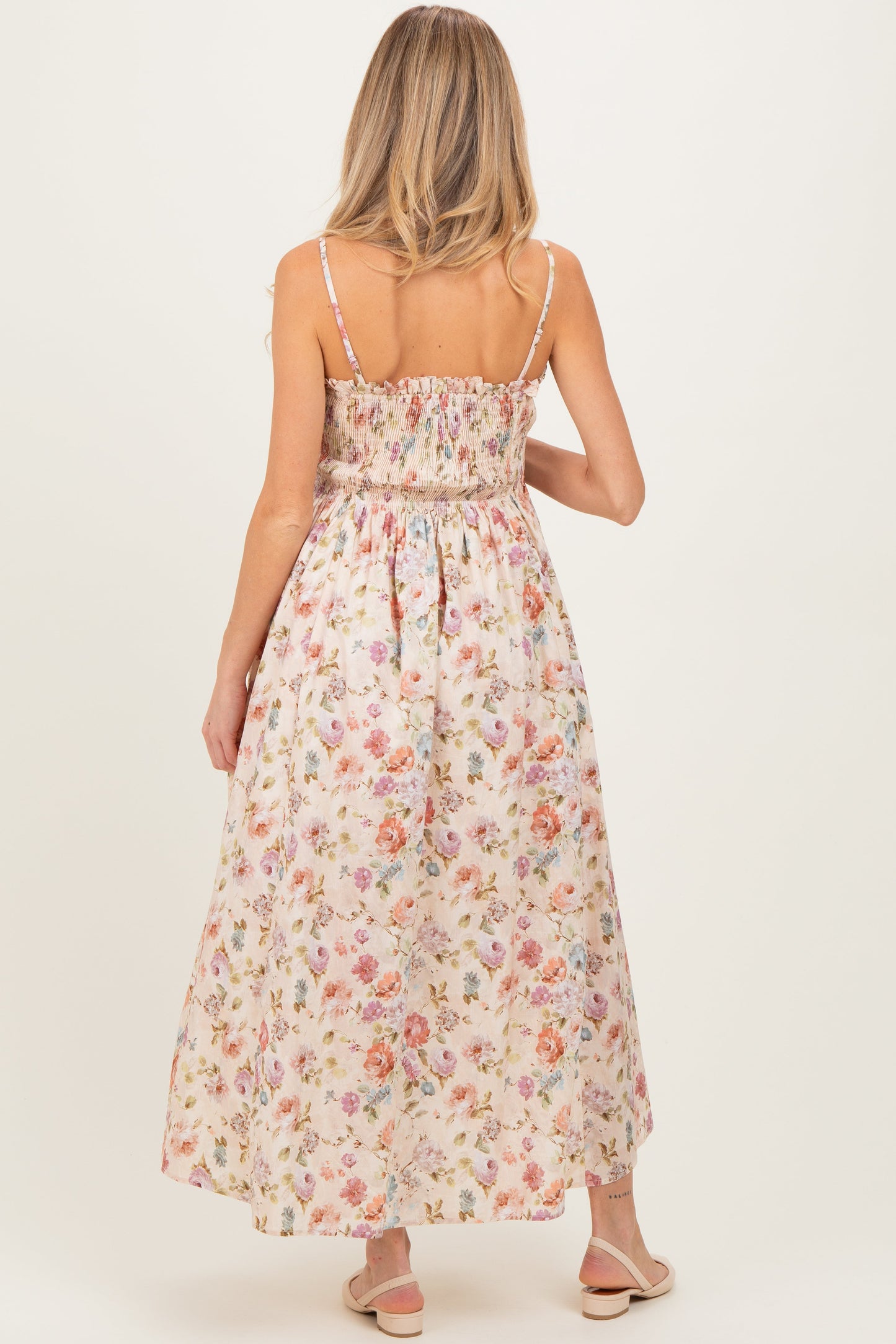 Cream Floral Smocked Ruffle Detail Maternity Midi Dress