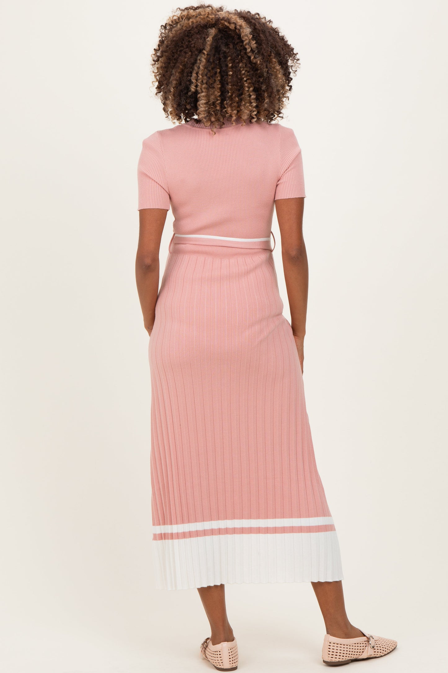 Mauve Knit Pleated Sash Tie Maternity Midi Dress