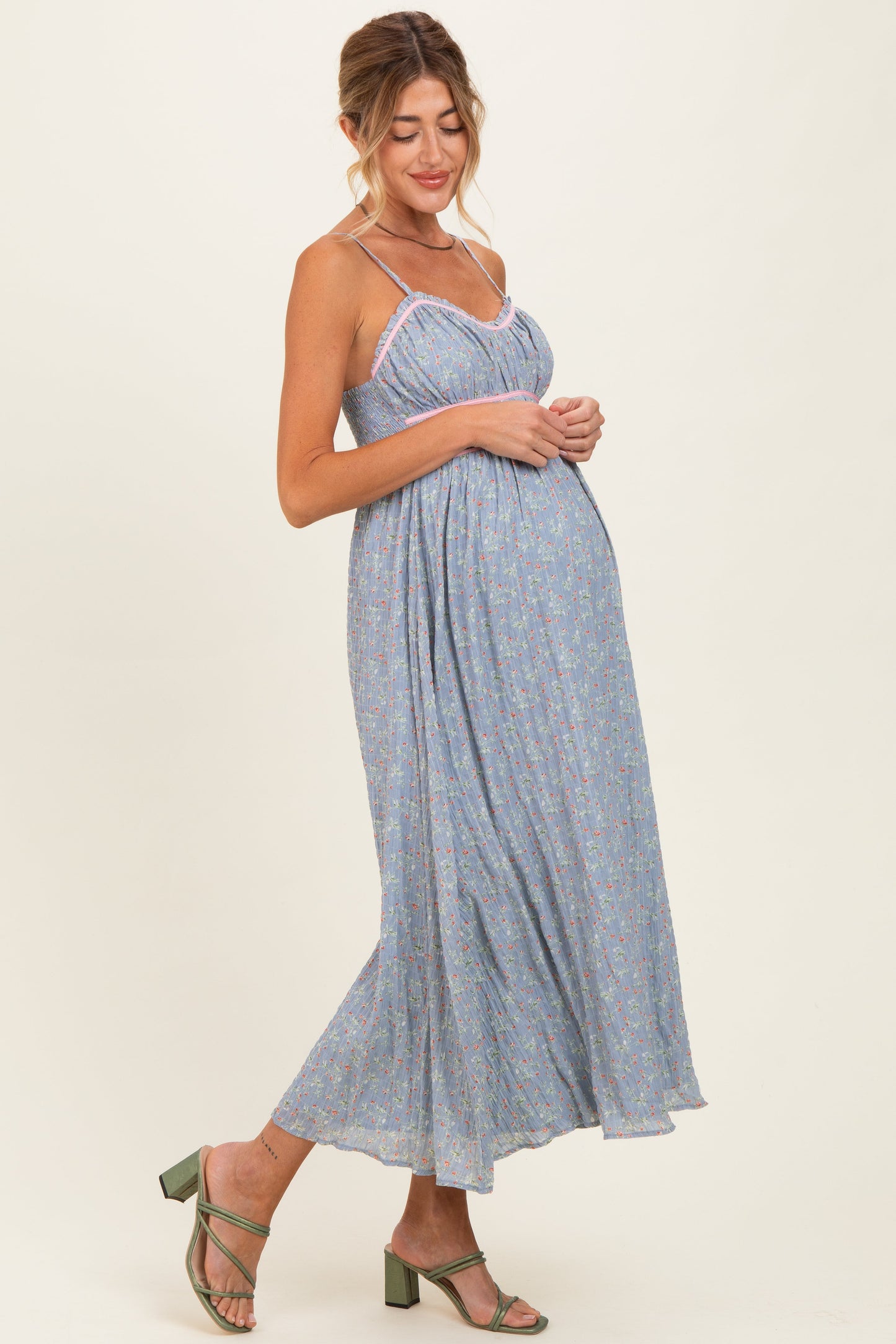 Light Blue Floral Contrast Trim Sleeveless Maternity Maxi Dress