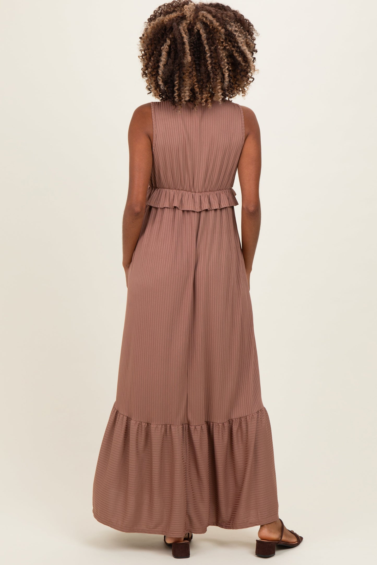 Mocha Ribbed Sleeveless V-Neck Ruffle Tiered Maternity Maxi Dress