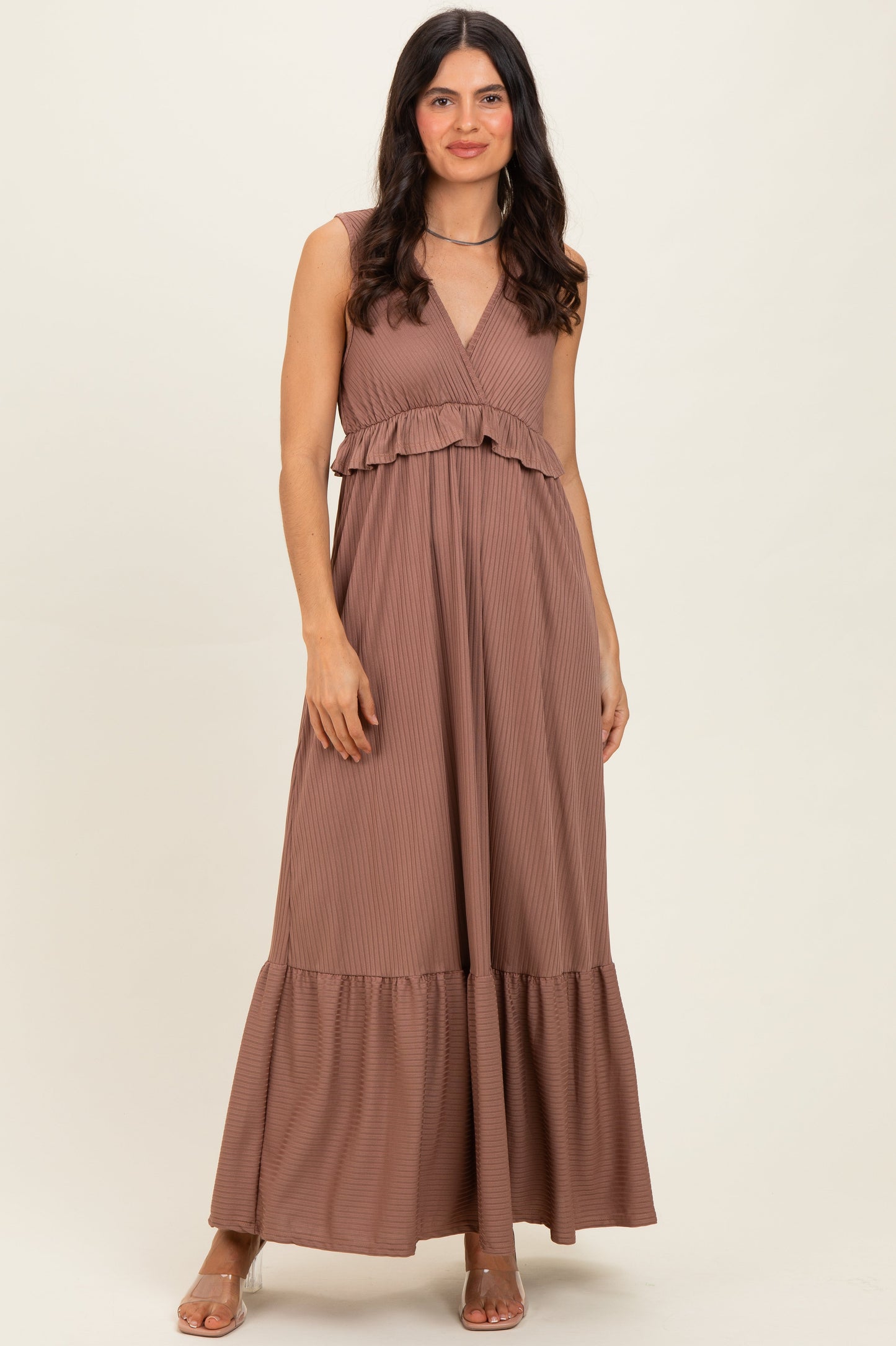 Mocha Ribbed Sleeveless V-Neck Ruffle Tiered Maternity Maxi Dress