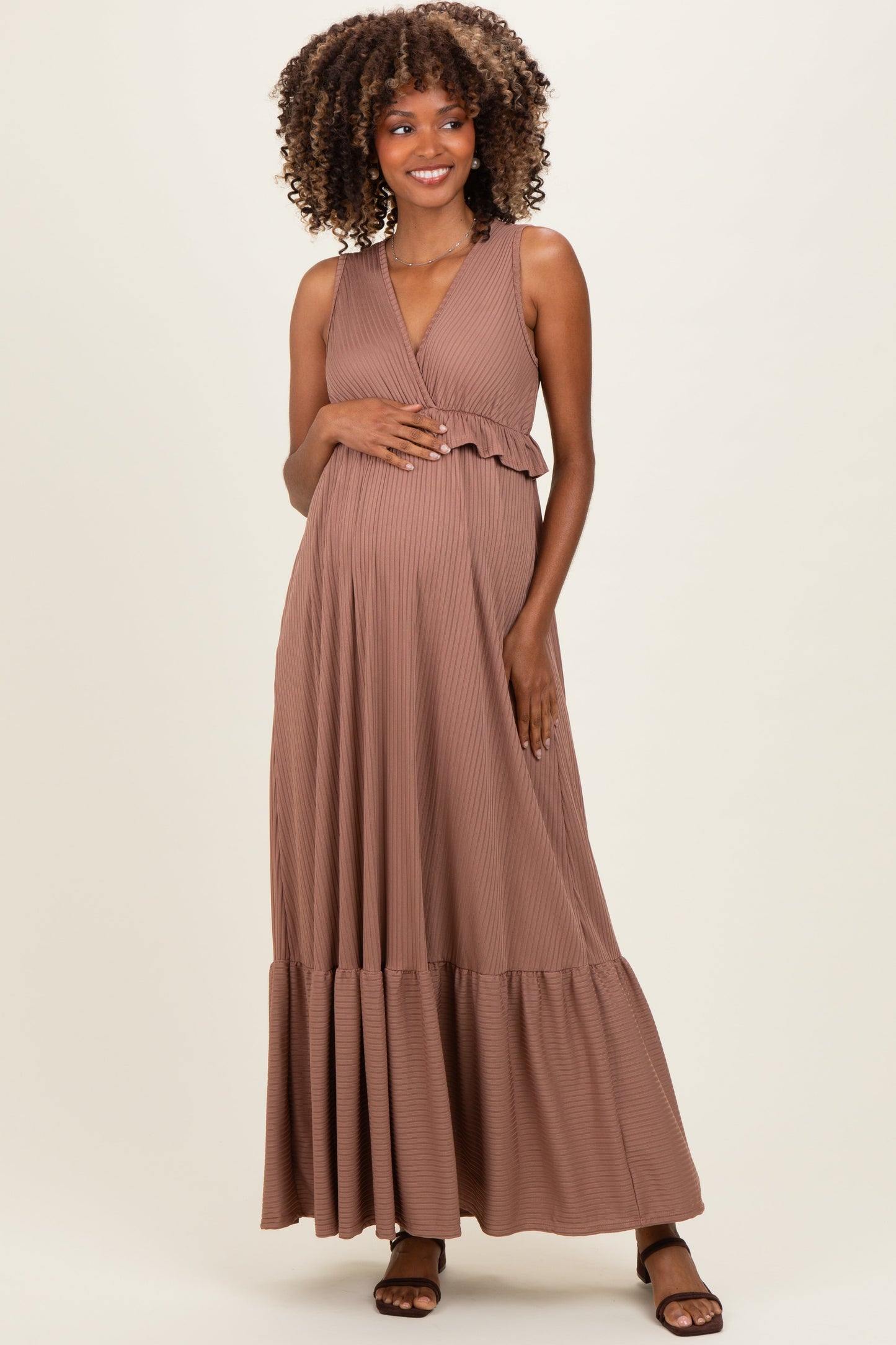 Mocha Ribbed Sleeveless V-Neck Ruffle Tiered Maternity Maxi Dress