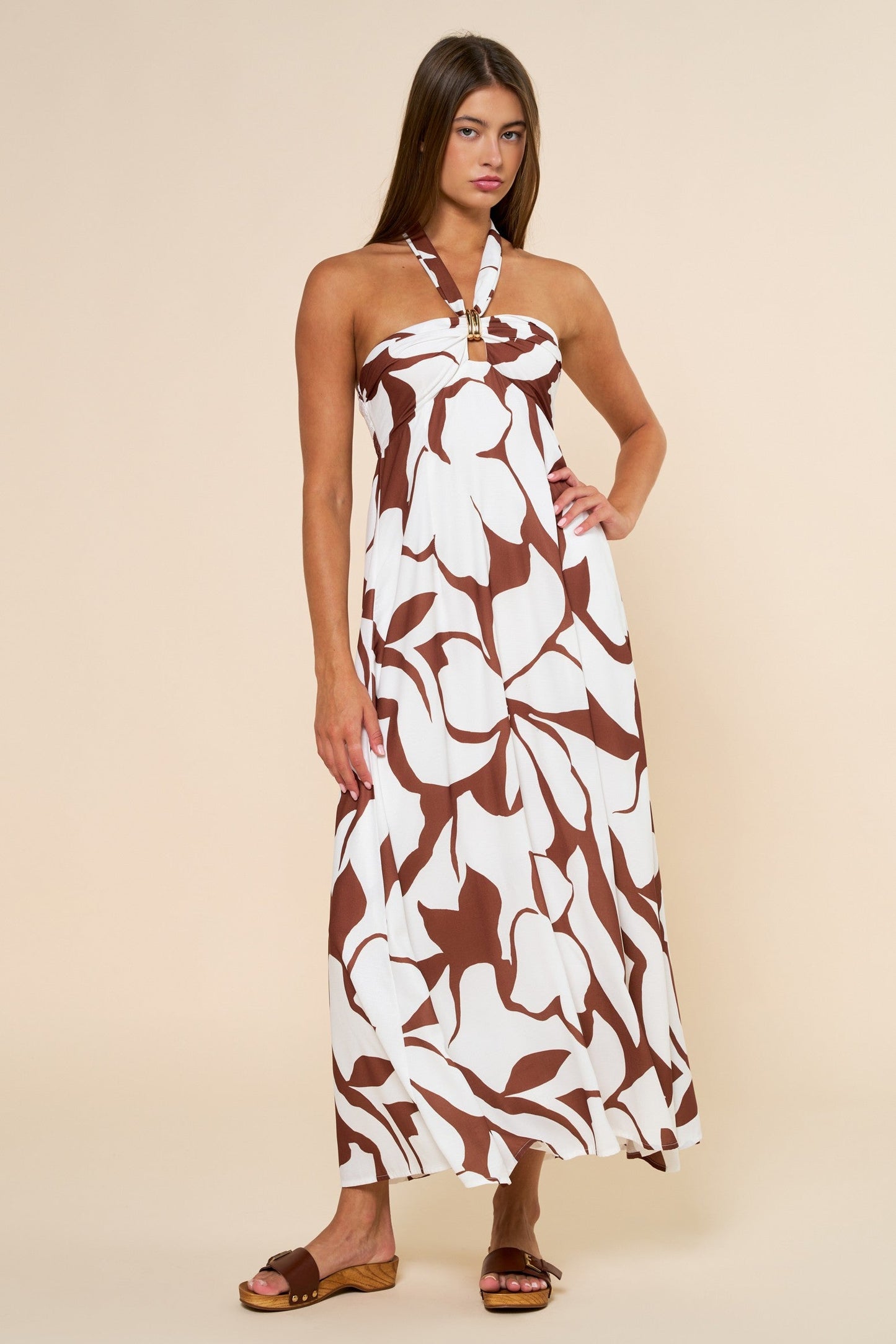 Brown Printed Halter Maternity Maxi Dress