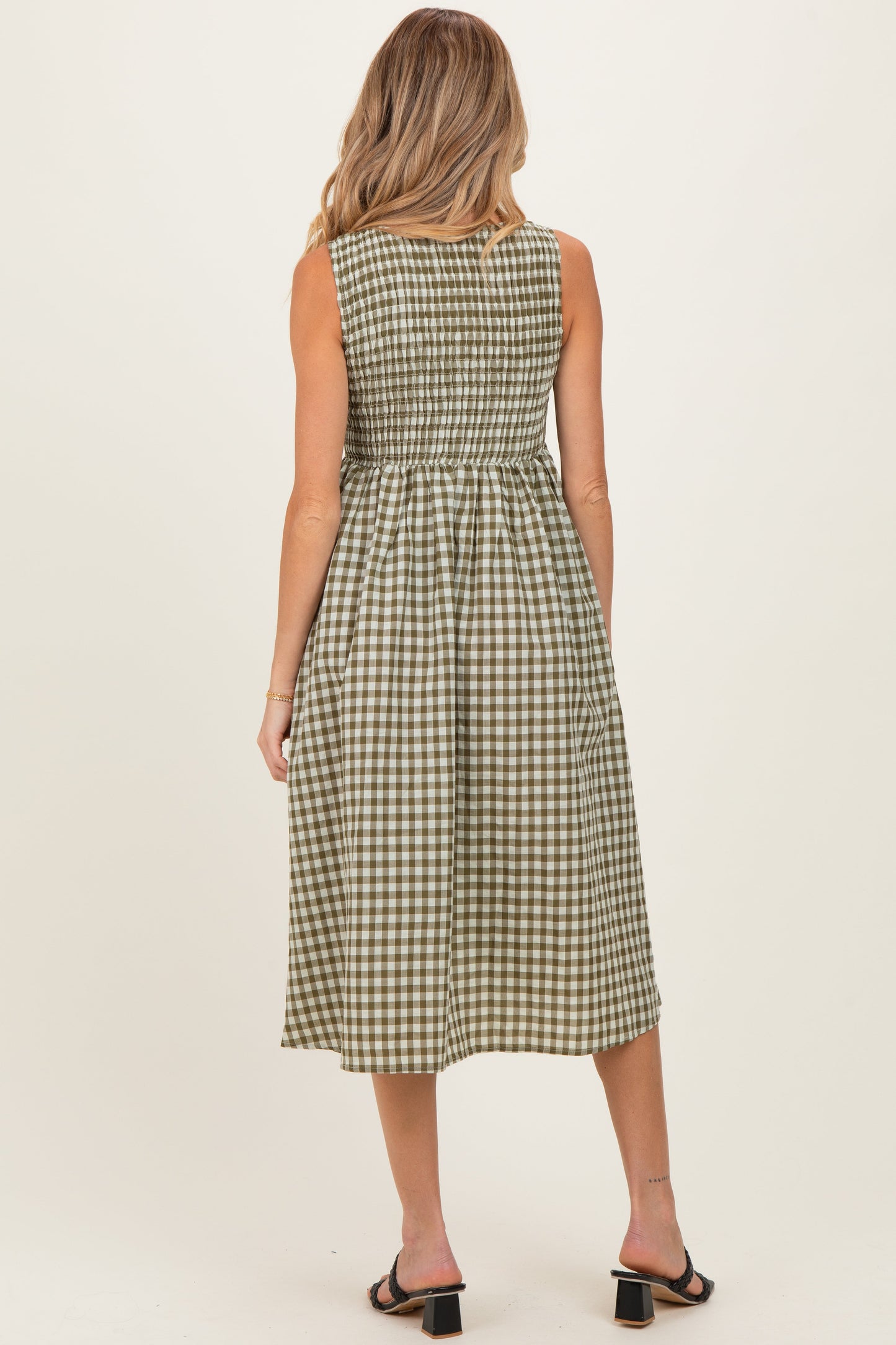 Olive Gingham Smocked Sleeveless Maternity Midi Dress