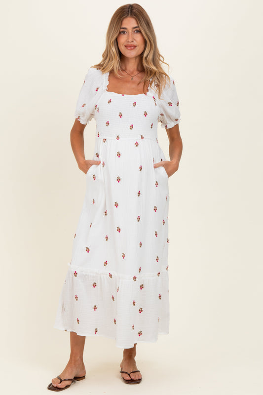 Ivory Embroidered Smocked Maternity Midi Dress