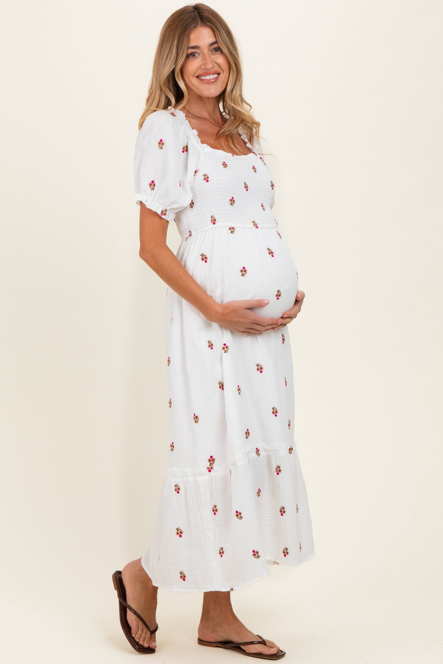 Ivory Embroidered Smocked Maternity Midi Dress
