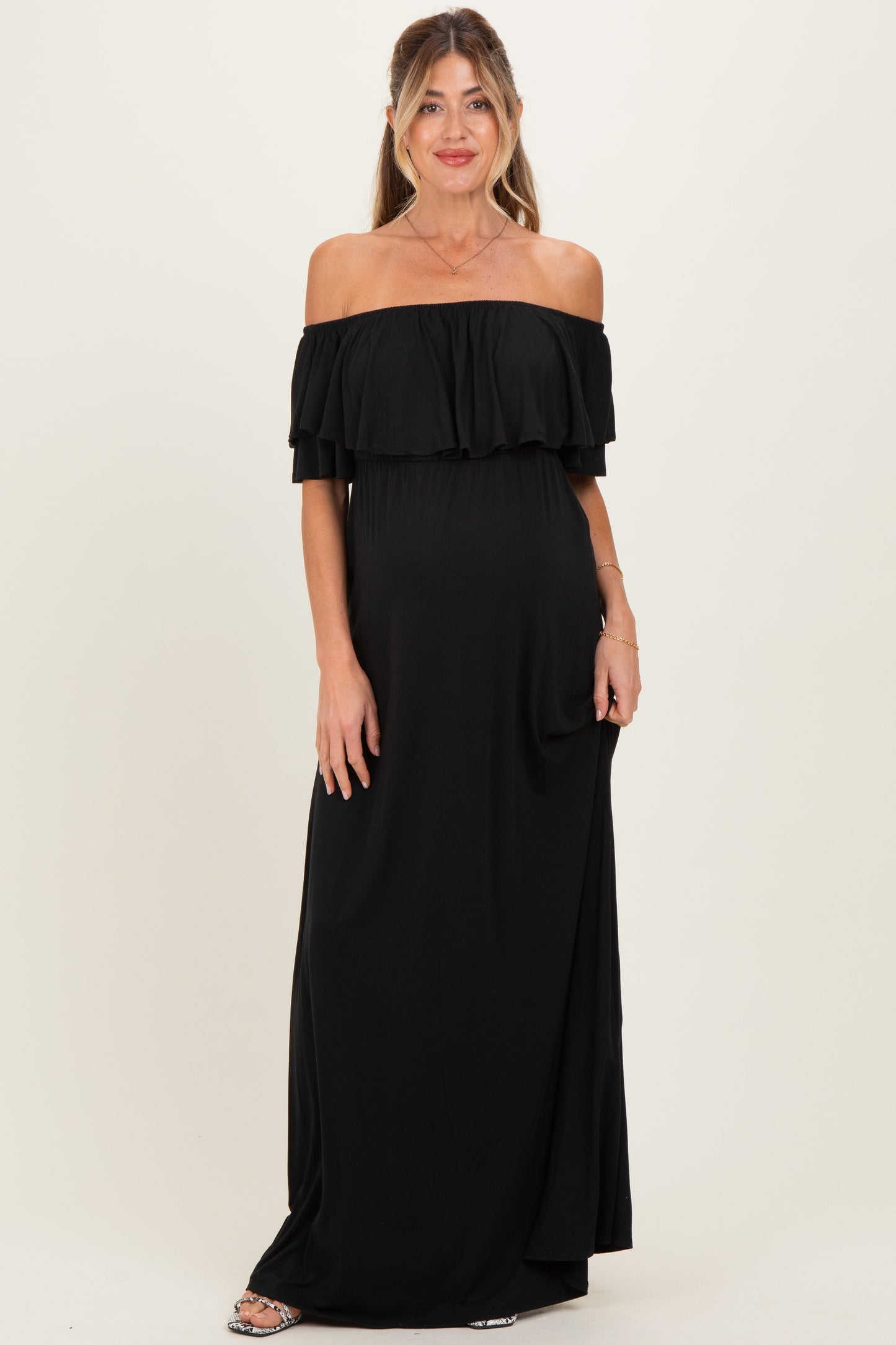 Black Ruffle Off Shoulder Maternity Maxi Dress
