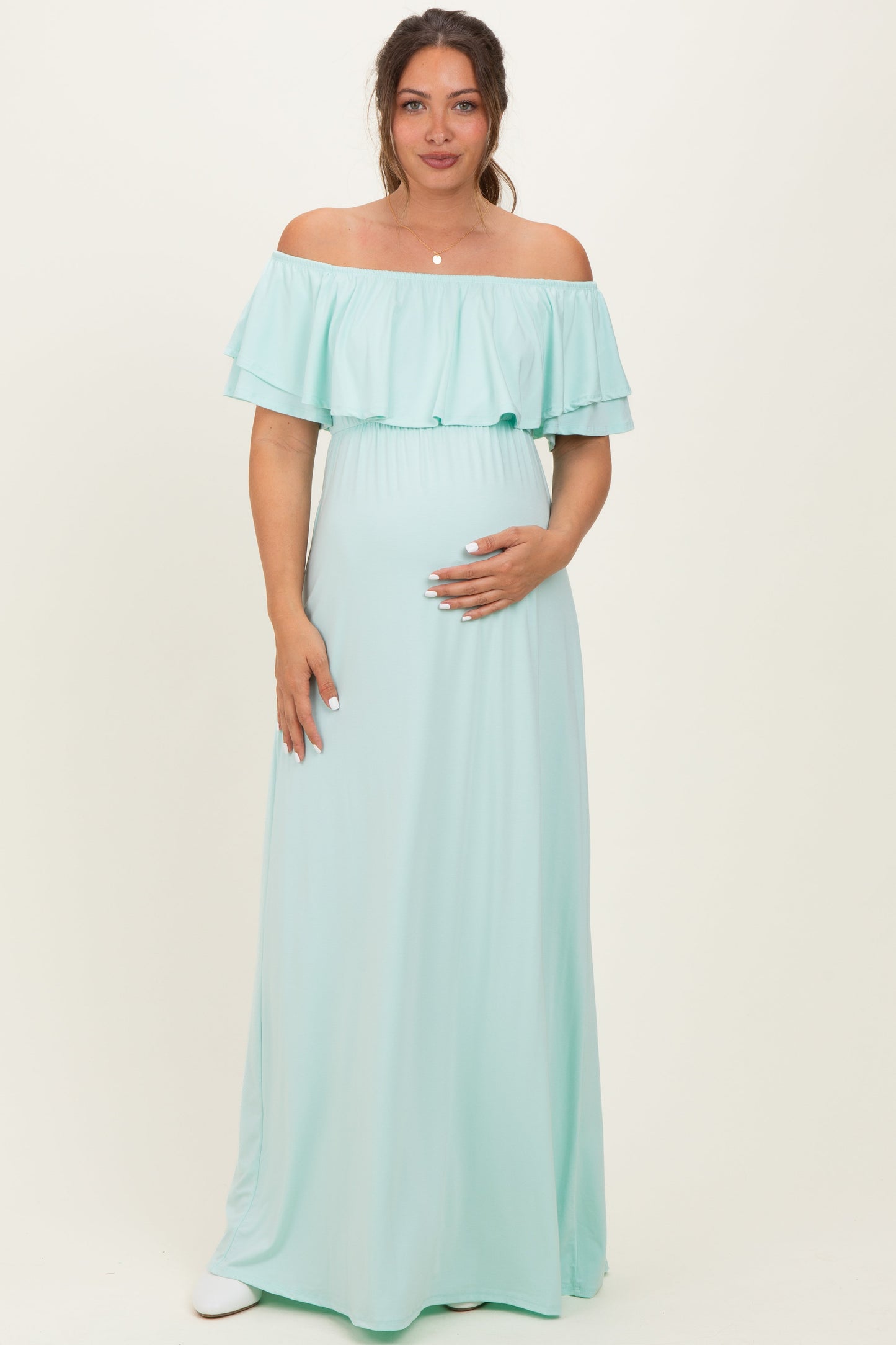Mint Ruffle Off Shoulder Maternity Maxi Dress