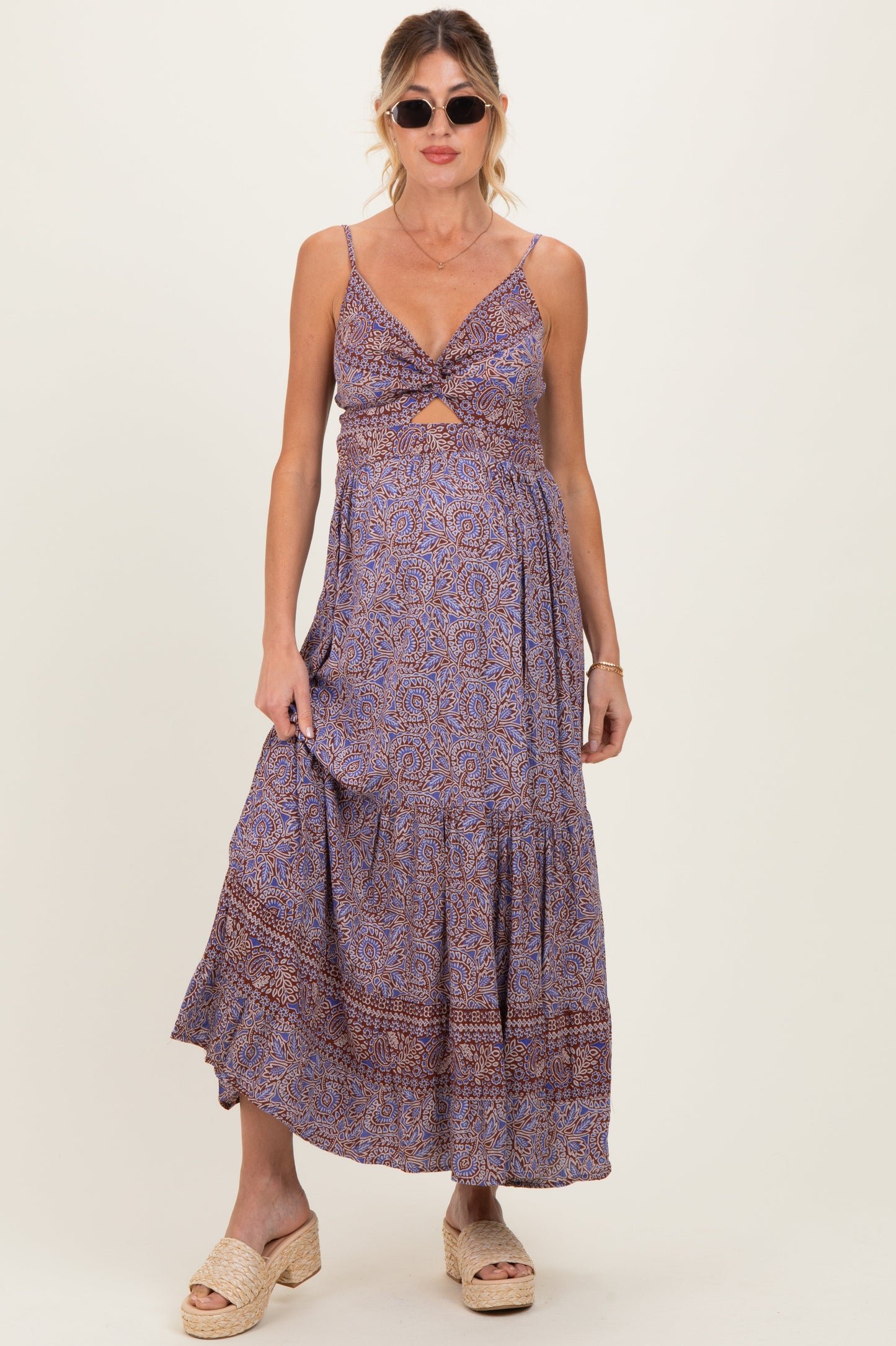 Charcoal Printed Twisted Front Maternity Maxi Dress