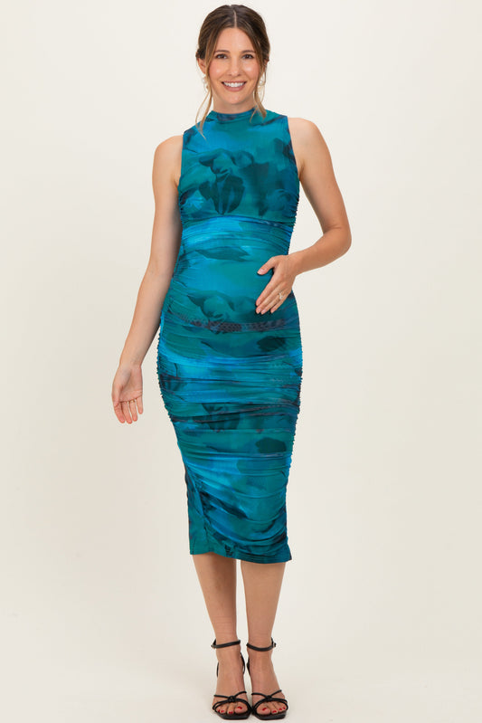 Turquoise Floral Mock Neck Ruched Maternity Midi Dress
