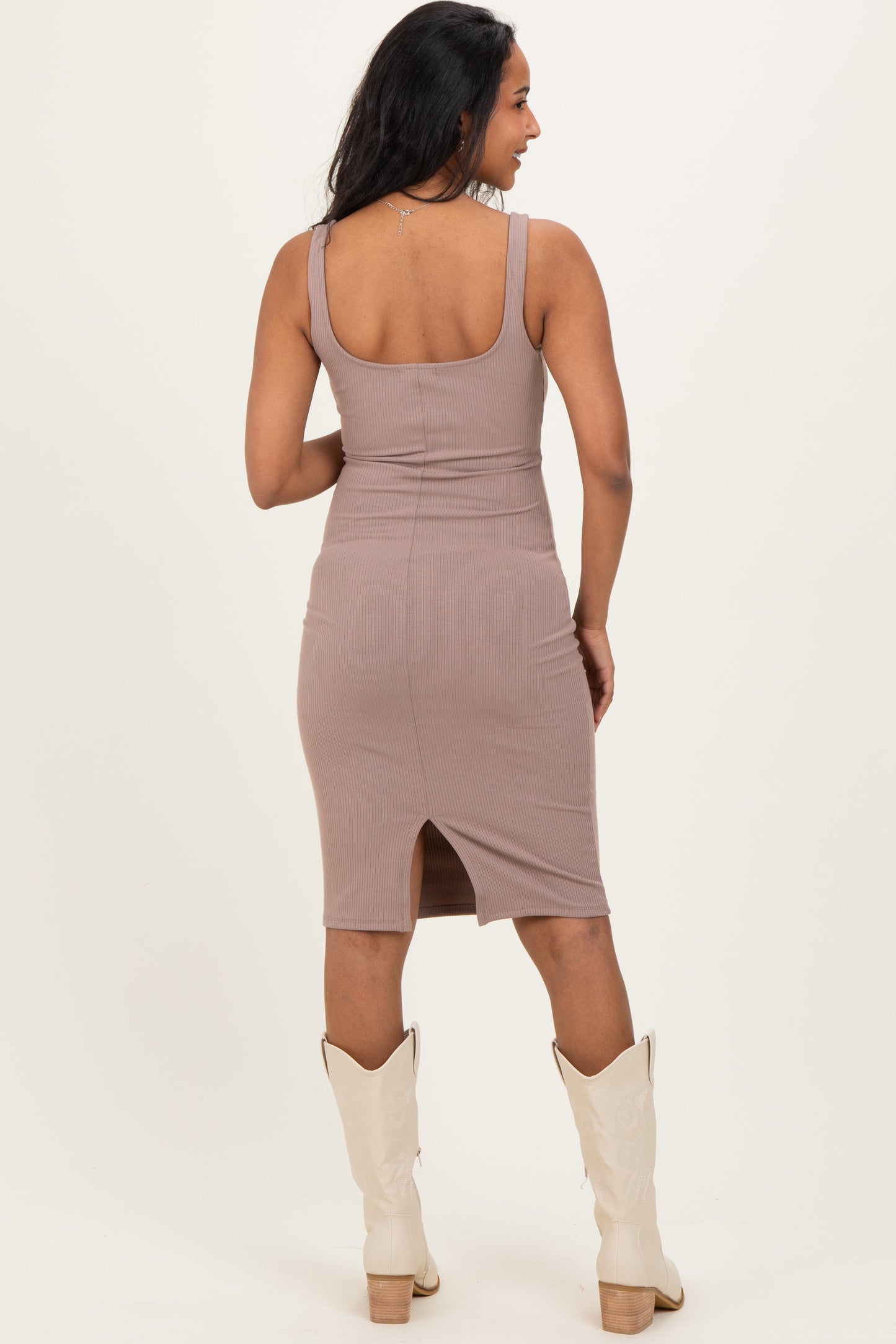 Mocha Ribbed Square Neck Maternity Tank Dress