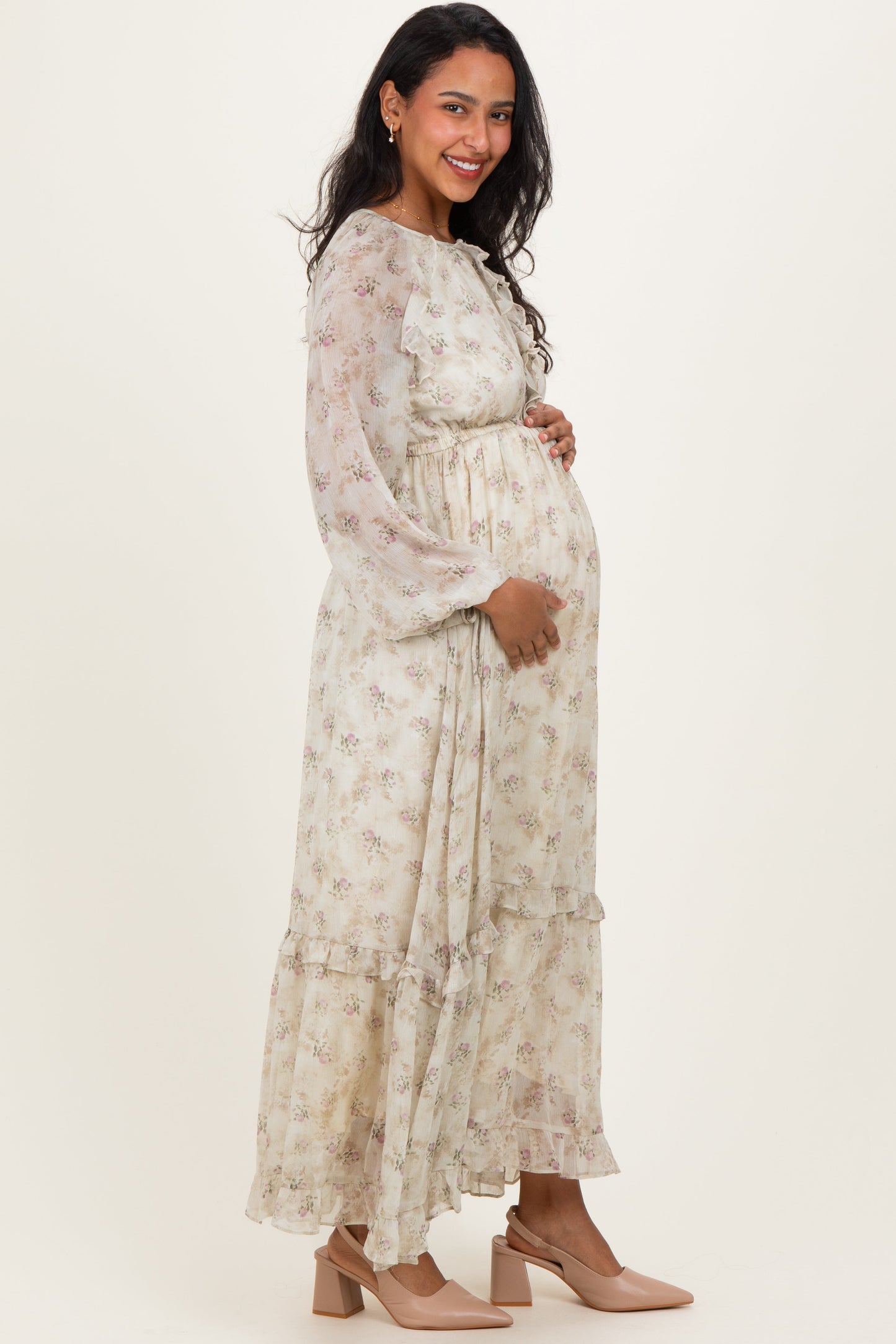 Cream Floral Chiffon Ruffle Detail Maternity Maxi Dress