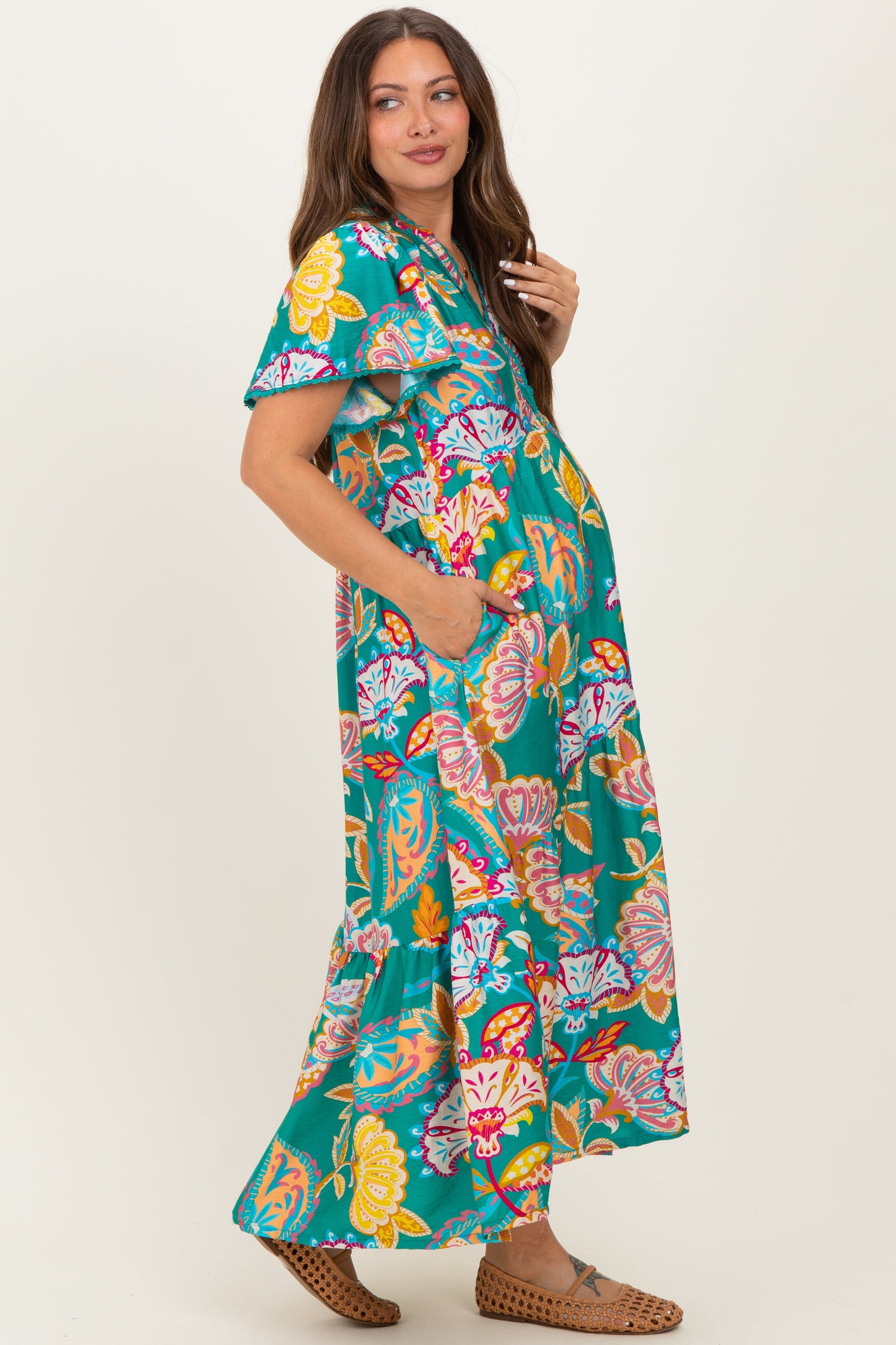 Emerald Boho Print Lace Trim Tiered Maternity Midi Dress
