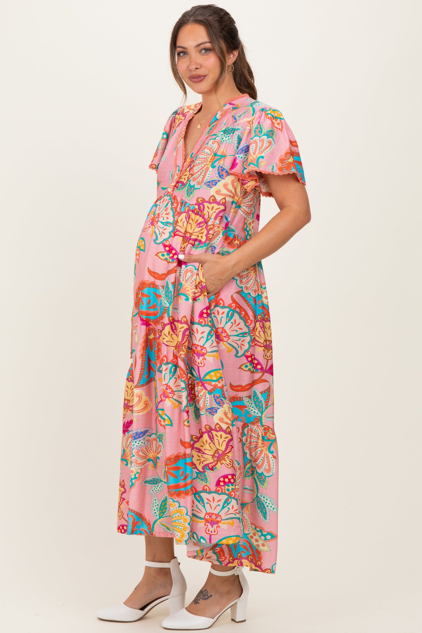 Pink Boho Print Lace Trim Tiered Maternity Midi Dress