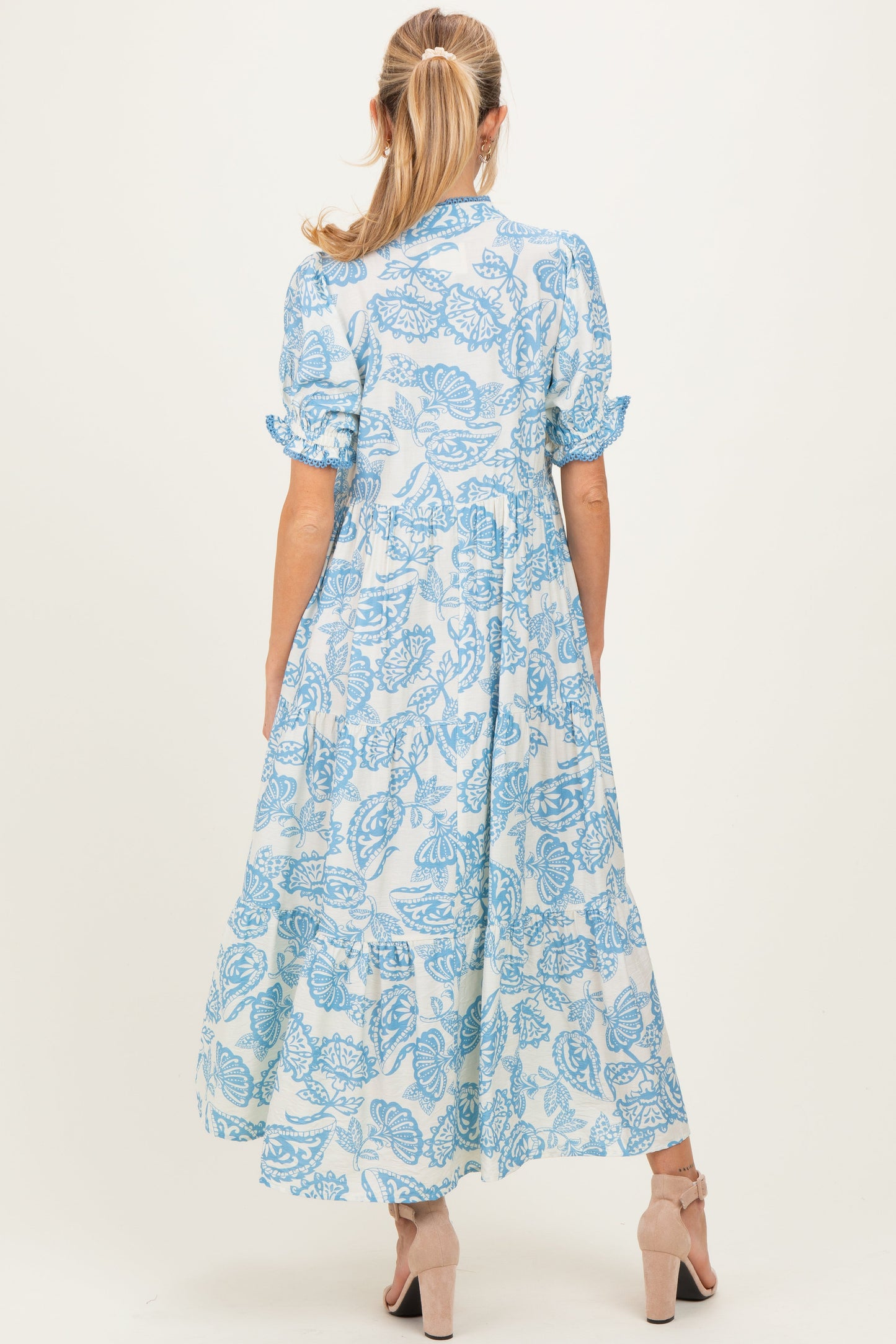 Light Blue Paisley Print Tiered Maternity Midi Dress