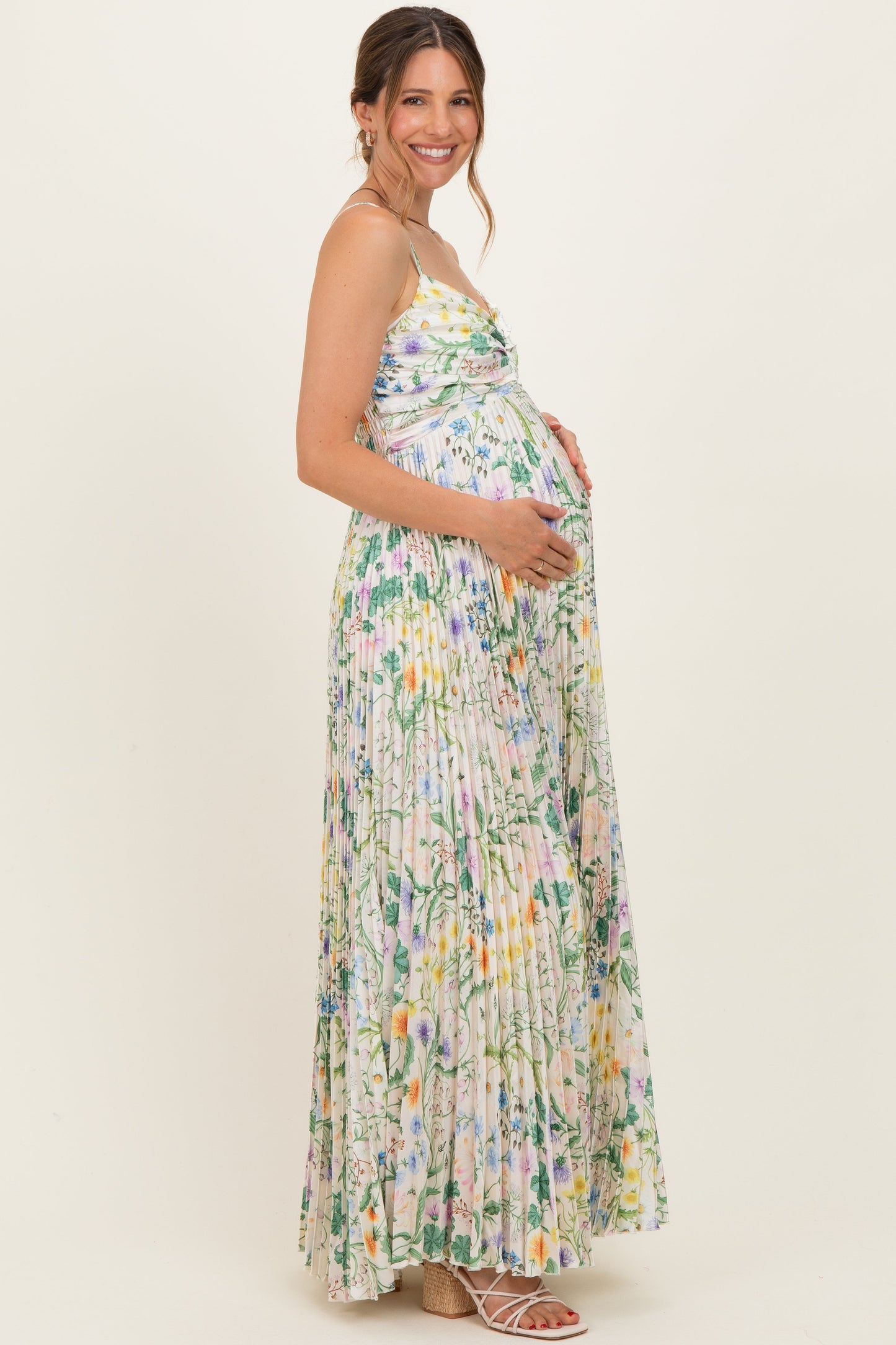 Ivory Floral Pleated Sleeveless Maternity Maxi Dress
