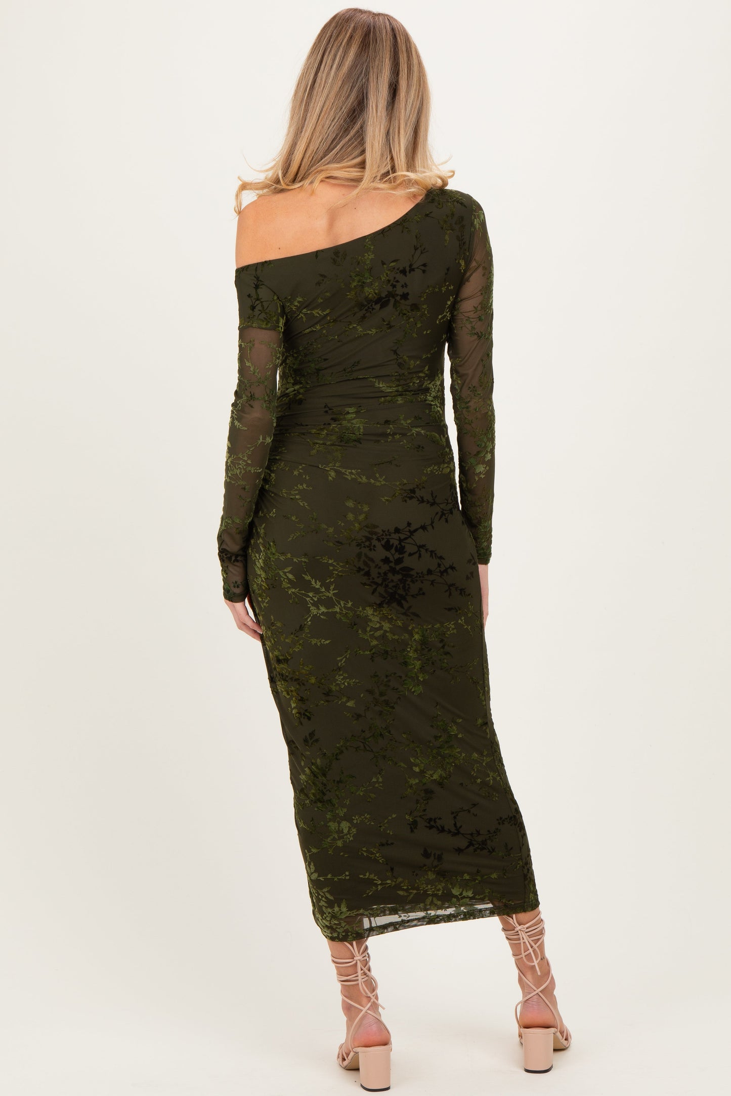 Olive Floral Mesh Overlay One Shoulder Maternity Dress