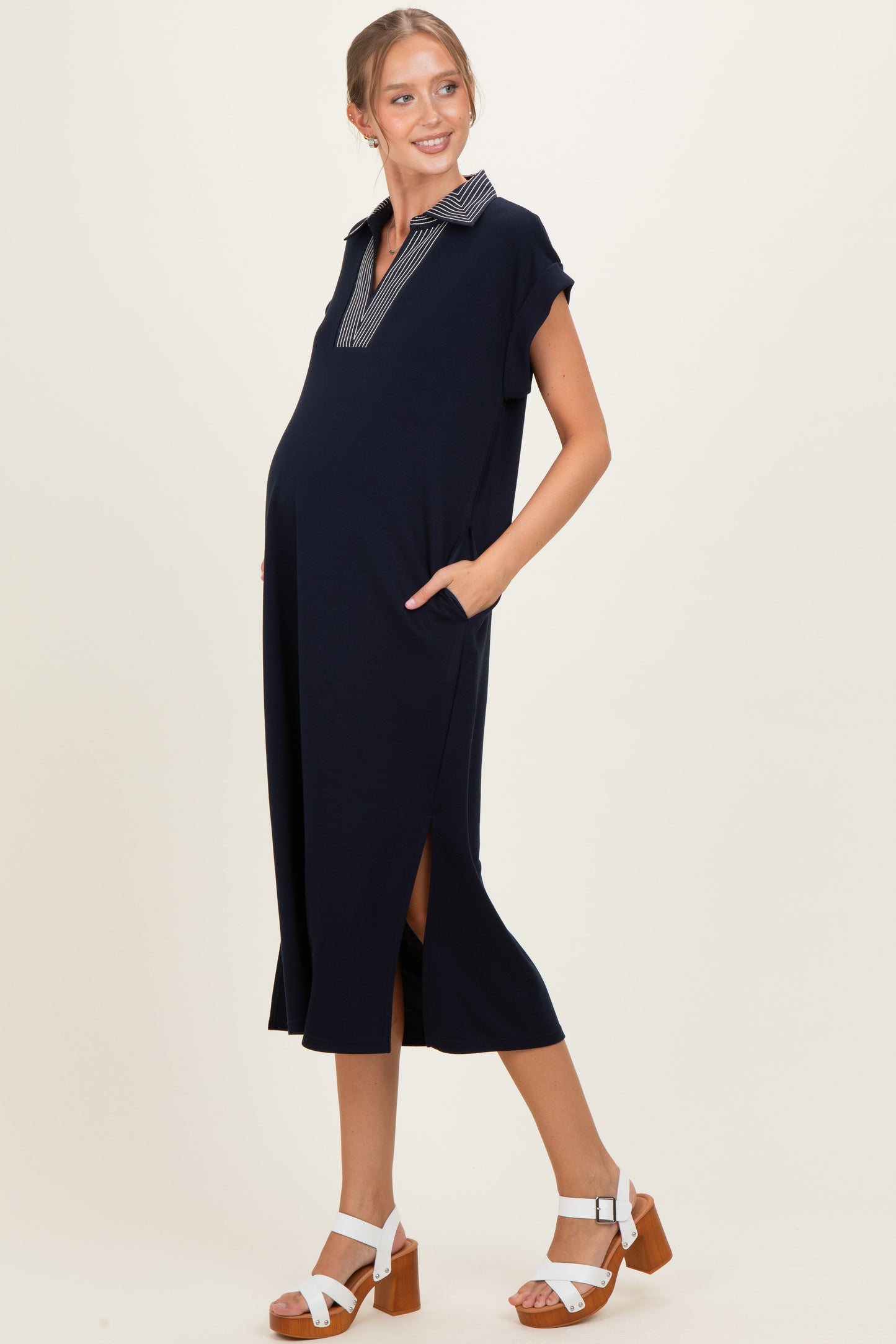 Navy Striped Collared Side Slit Maternity Midi Dress