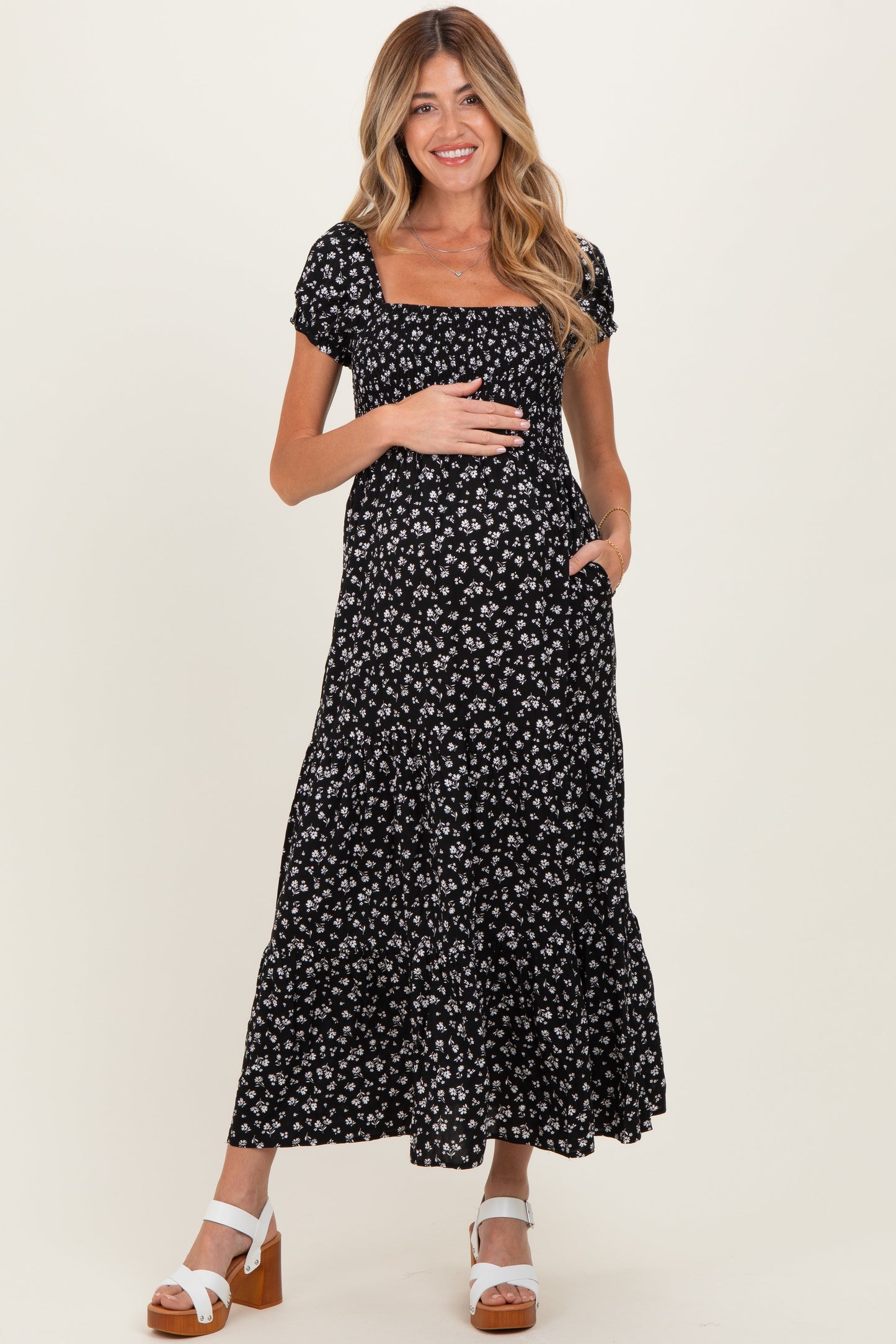 Black Floral Smocked Puff Sleeve Maternity Maxi Dress
