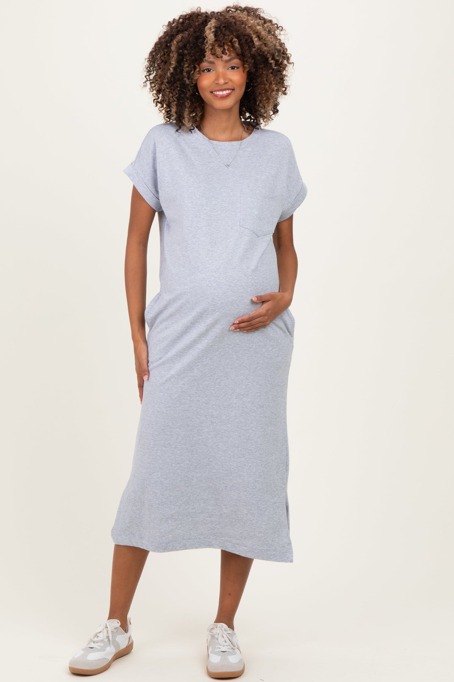 Heather Grey Pocket Front Maternity Midi T-Shirt Dress