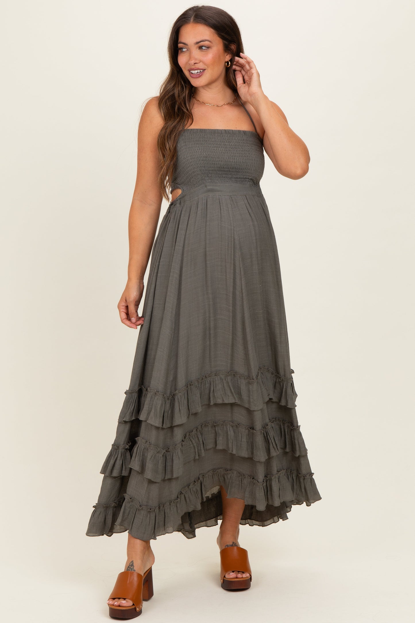 Olive Halter Smocked Ruffle Tier Hem Maternity Maxi Dress