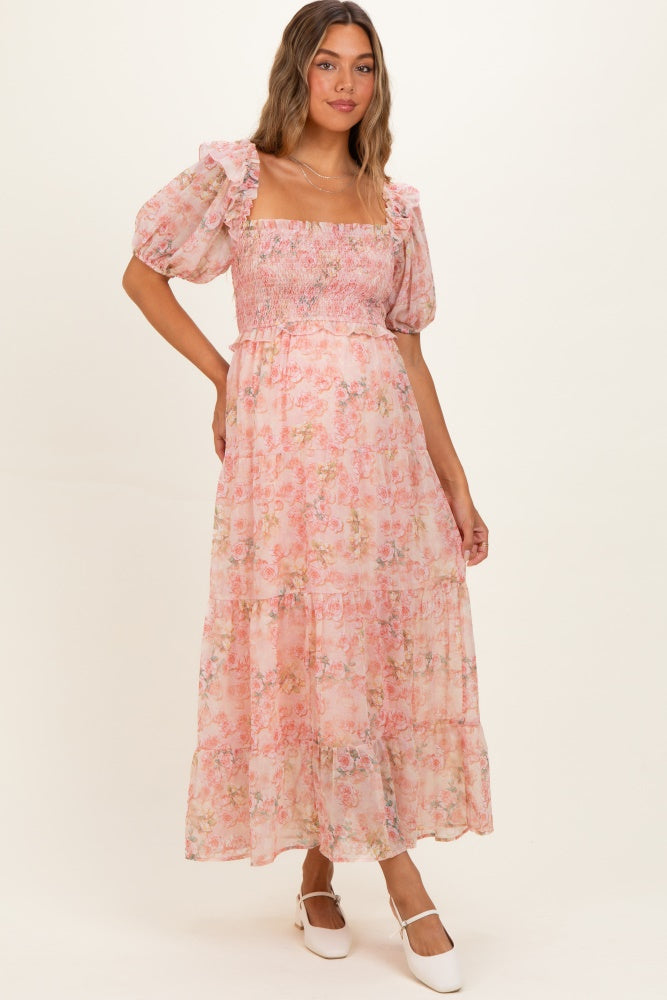 Pink Floral Chiffon Smocked Maternity Maxi Dress
