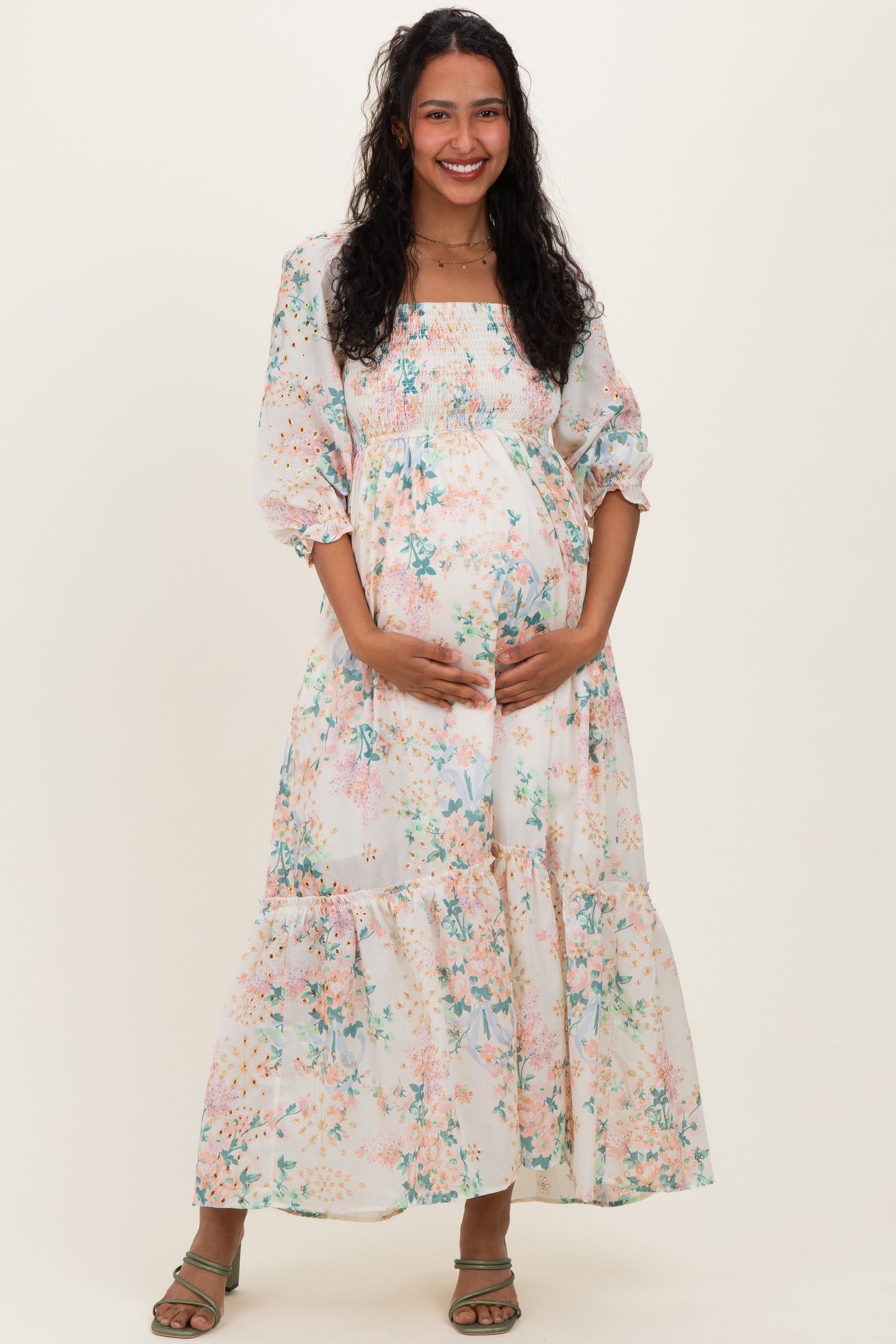 Ivory Floral Smocked 3/4 Sleeve Maternity Maxi Dress
