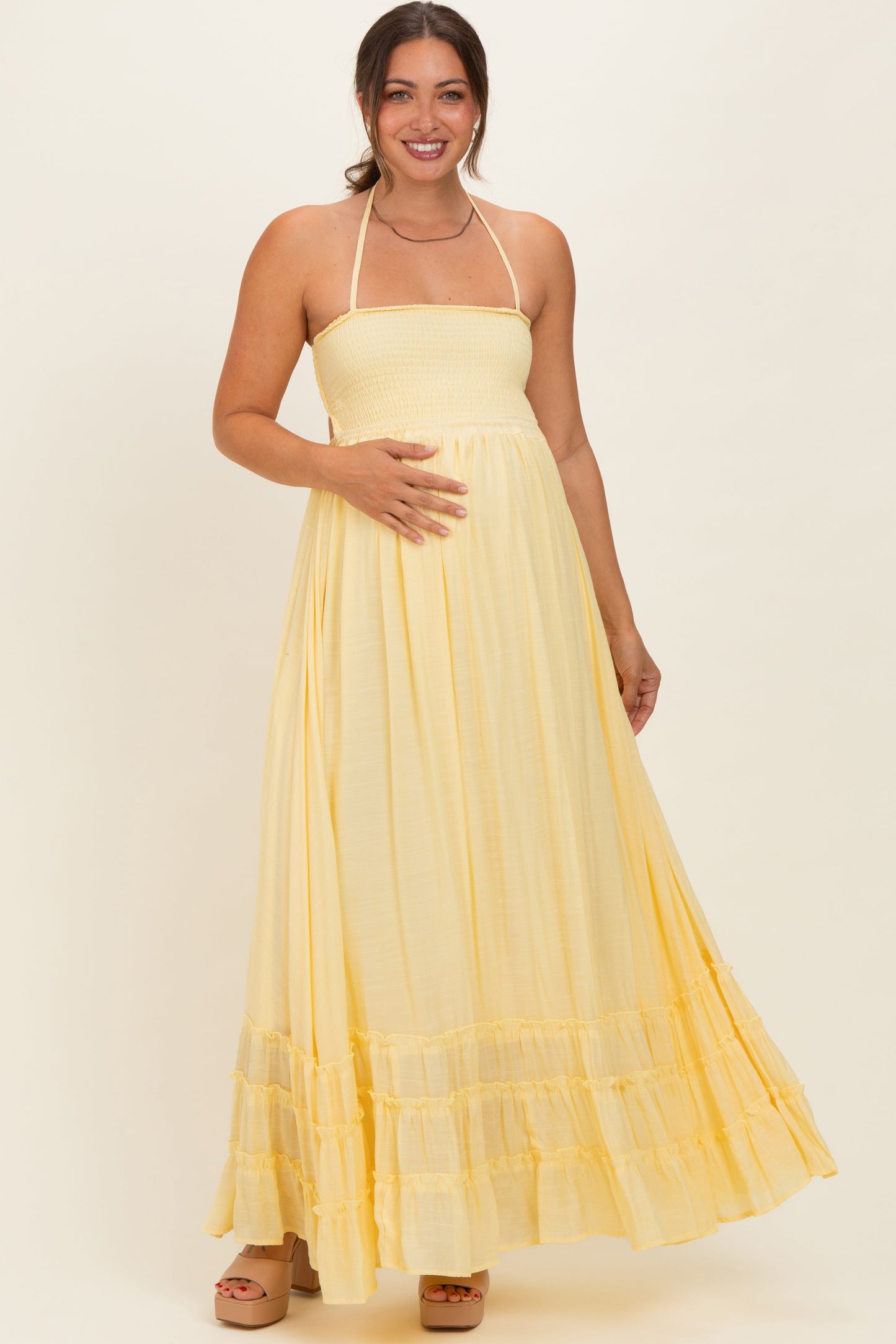 Yellow Smocked Halter Open Back Maternity Maxi Dress