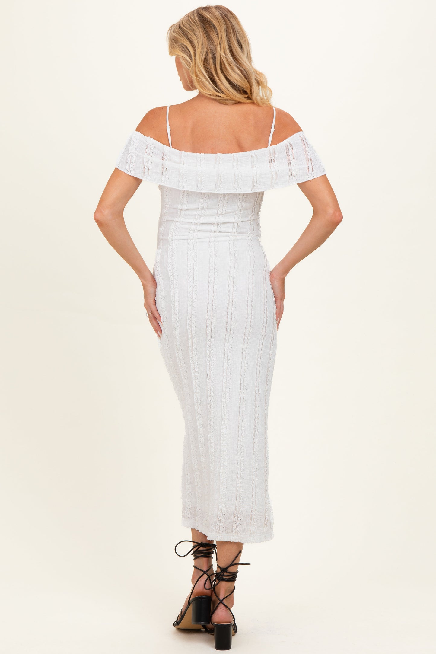 Ivory Off Shoulder Lace Knit Maternity Midi Dress