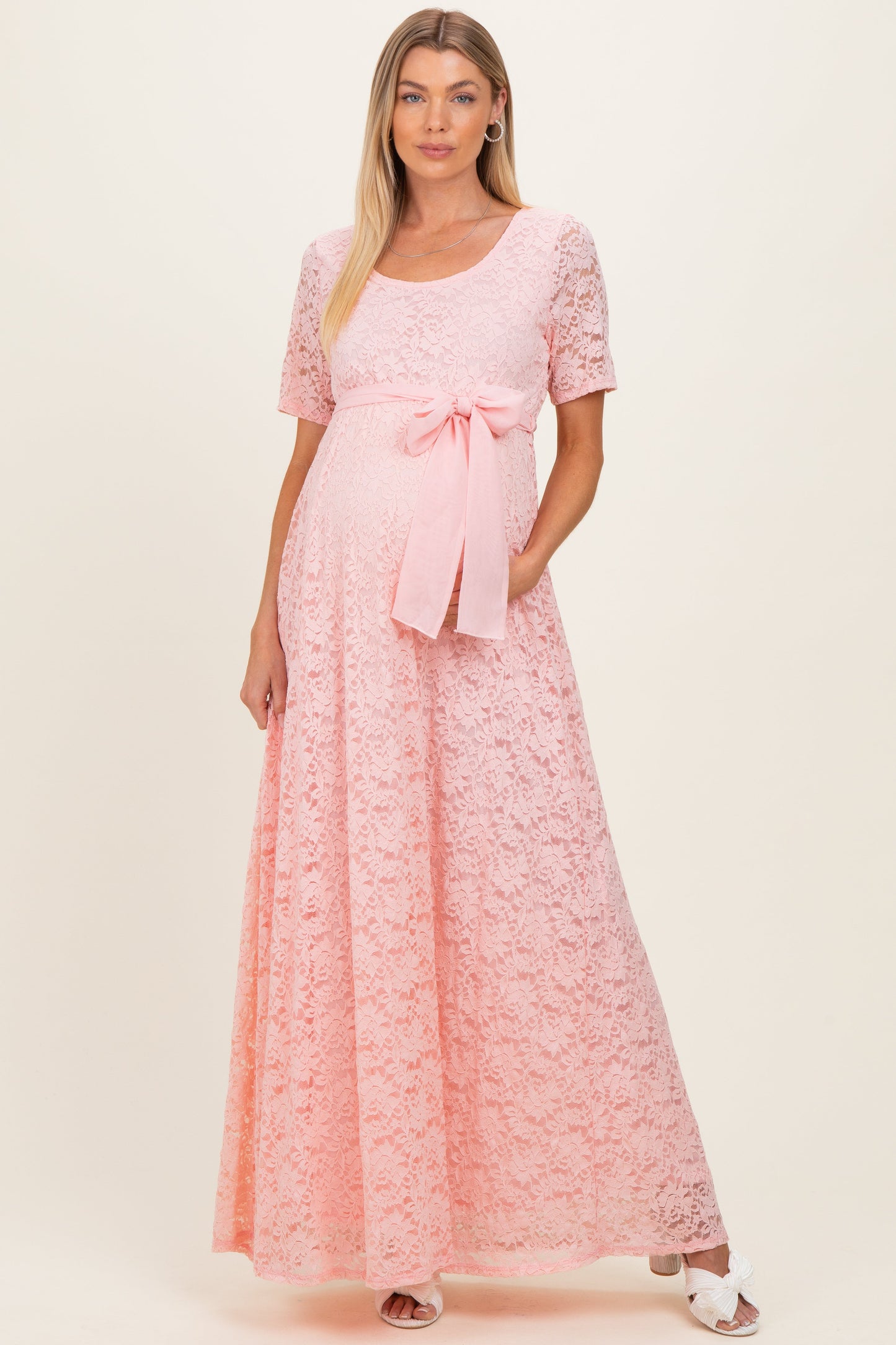 Light Pink Lace Sash Tie Maternity Gown