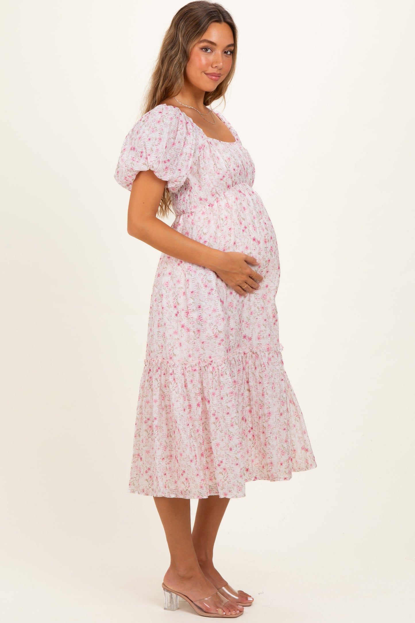 Pink Floral Puff Sleeve Maternity Midi Dress