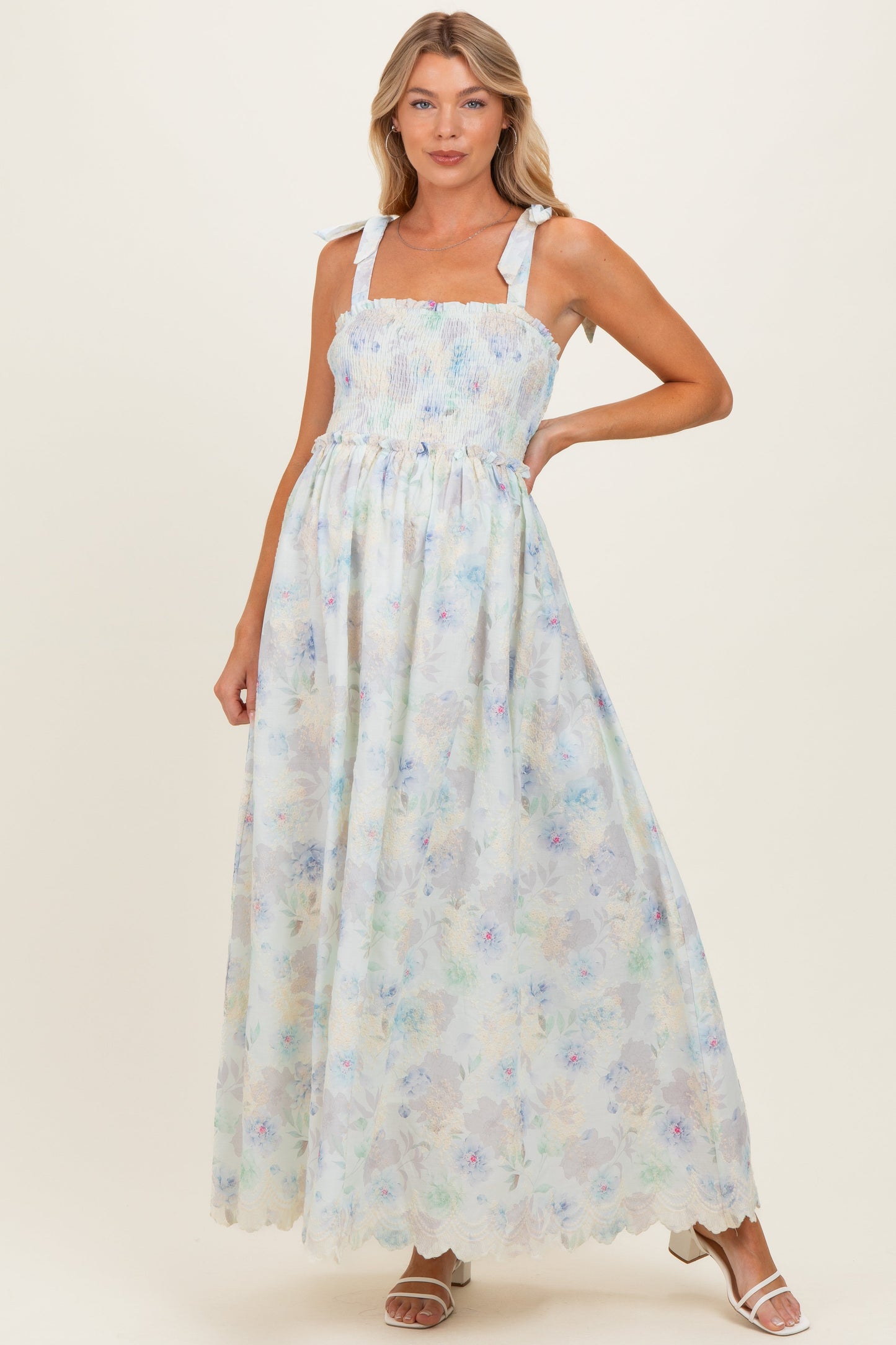 Blue Floral Smocked Shoulder Tie Maternity Maxi Dress