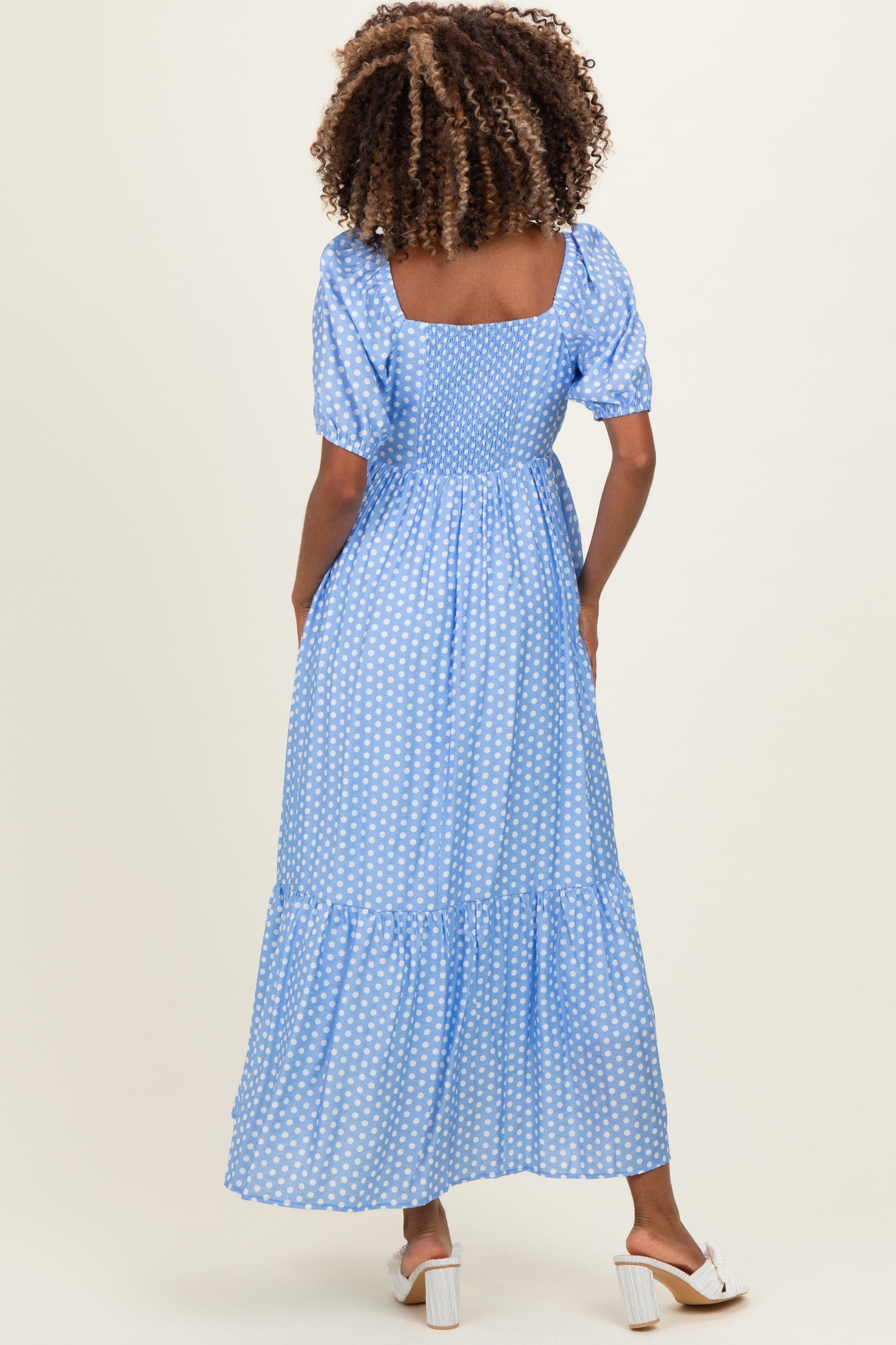 Blue Pleated Polka Dot Maternity Maxi Dress