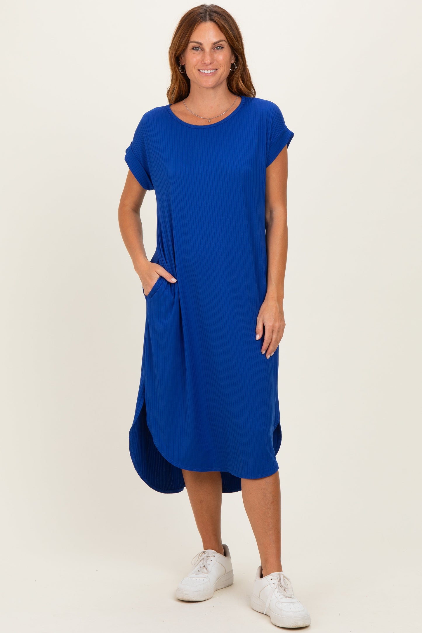 Royal Ribbed Curved Hem Maternity Midi Dress