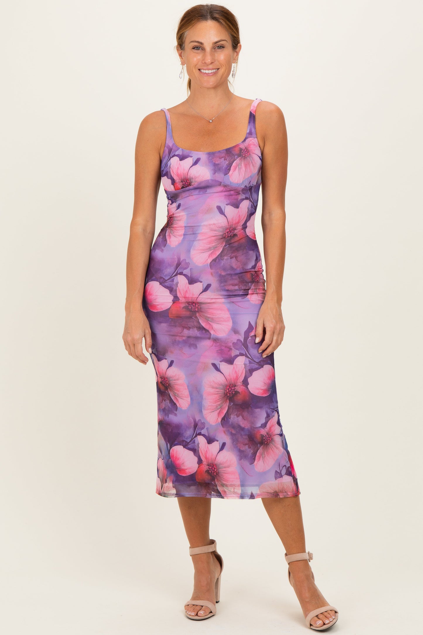 Lavender Mesh Floral Sleeveless Maternity Midi Dress
