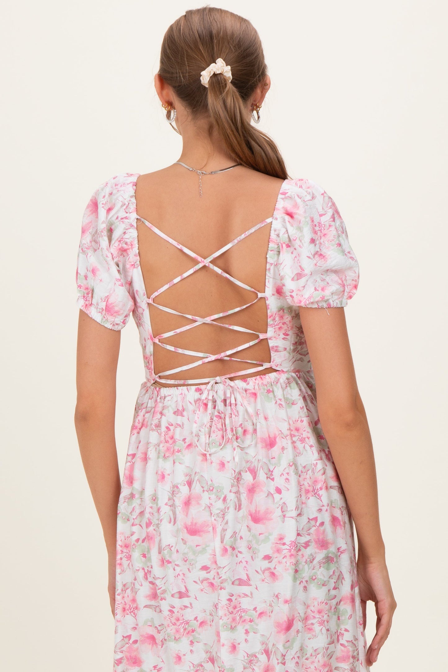 Pink Floral Crisscross Back Maternity Midi Dress