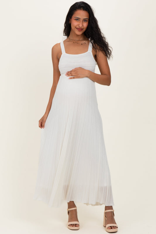Off White Textured Knit Shoulder Tie Maternity Midi Dress