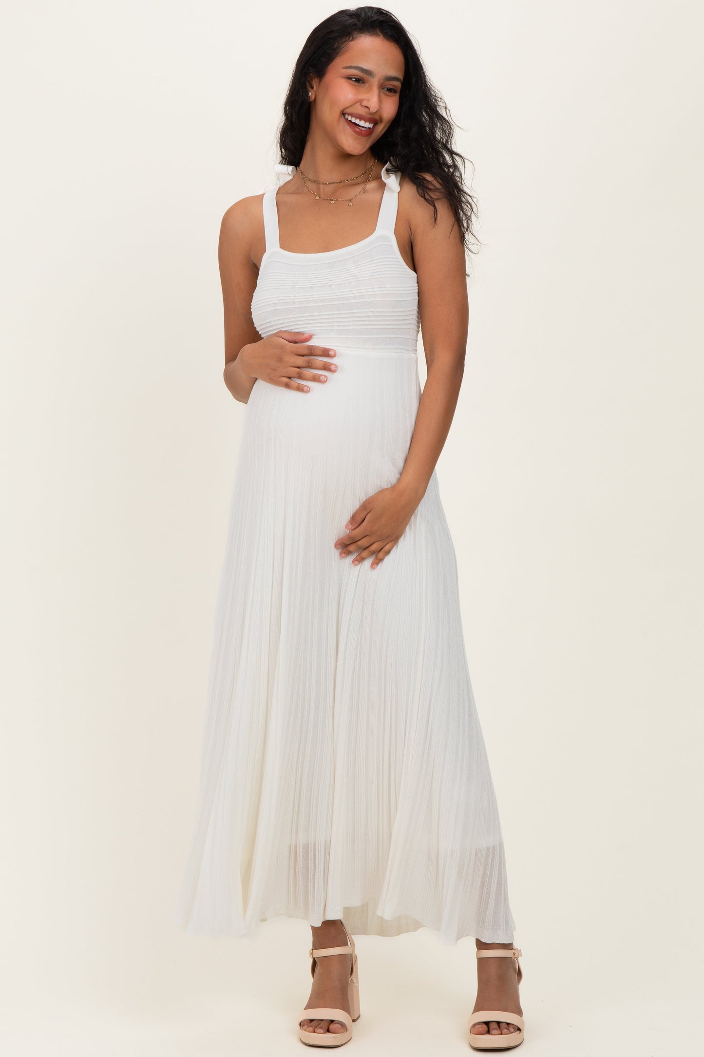 Off White Textured Knit Shoulder Tie Maternity Midi Dress