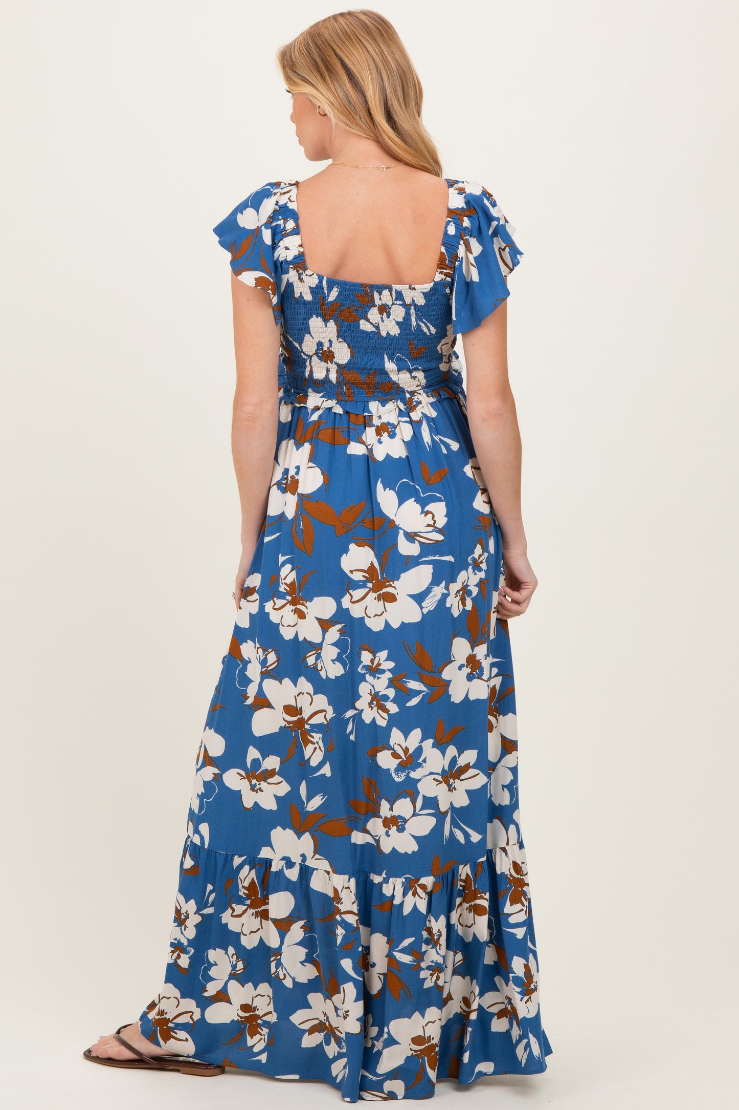 Blue Floral Cinched Smocked Maternity Maxi Dress