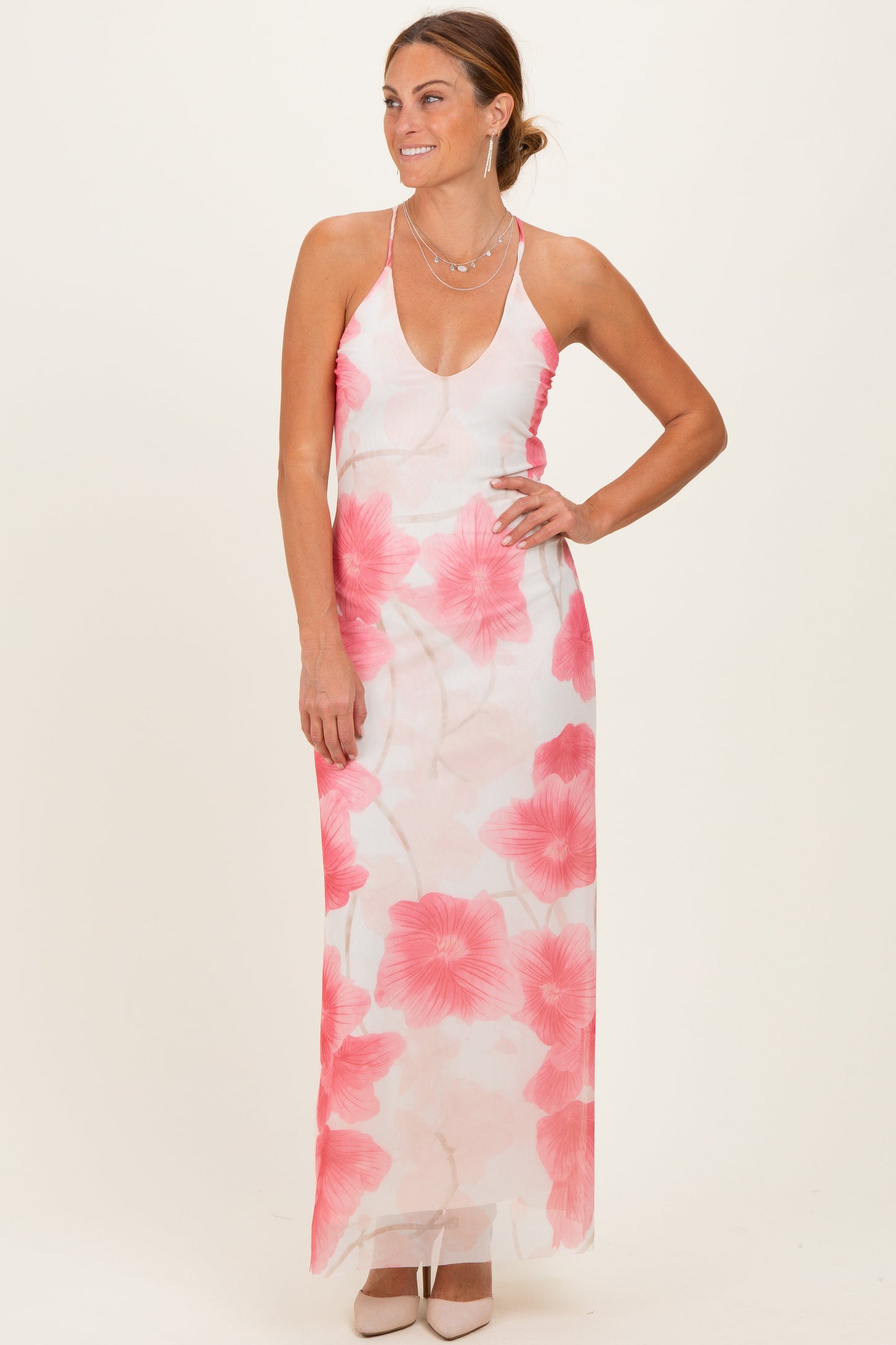 Pink Floral Crisscross Back Maternity Maxi Dress