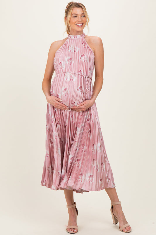 Light Pink  Floral Pleated Halter Maternity Midi Dress