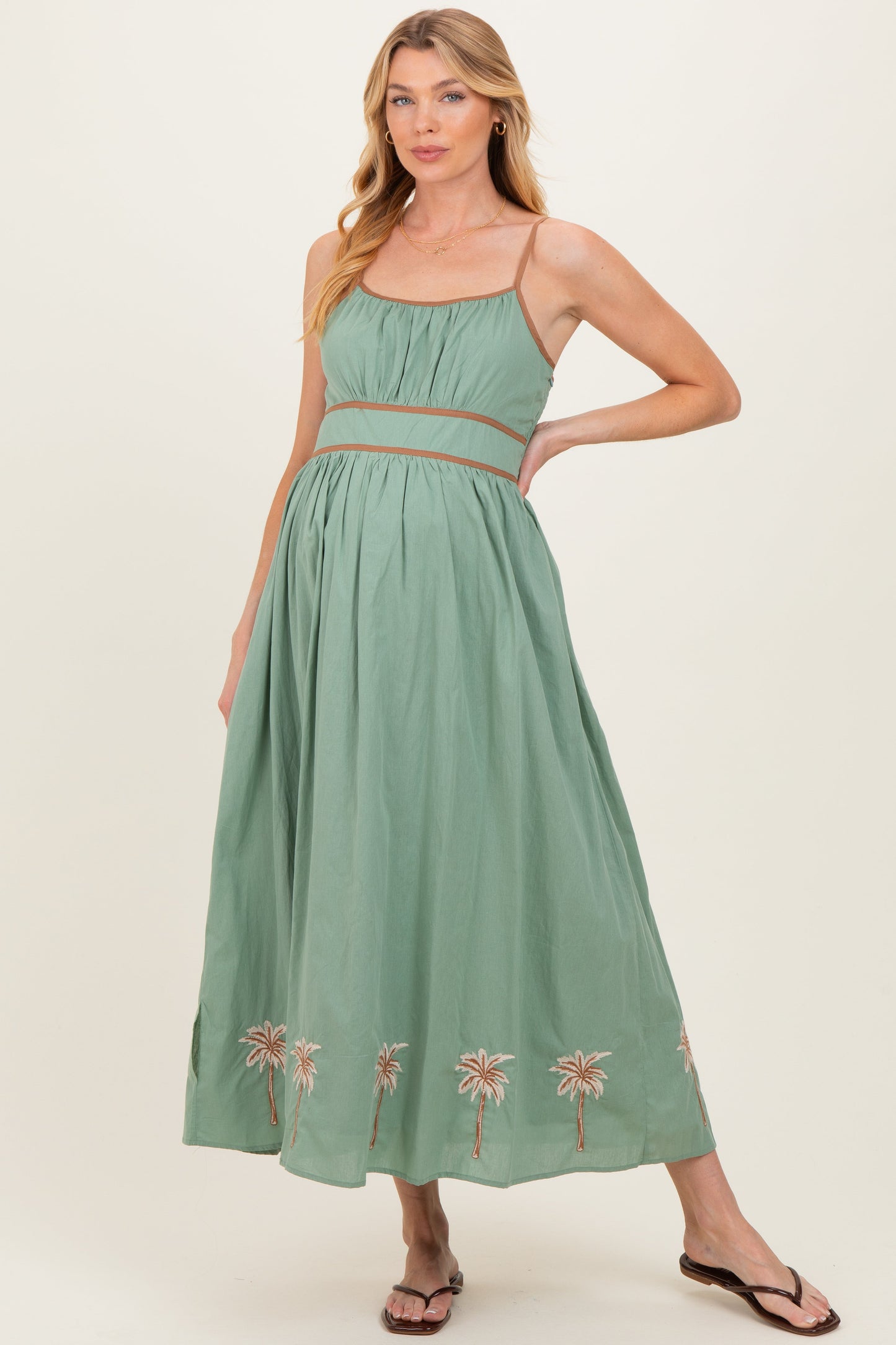 Sage Embroidered Contrast Sleeveless Maternity Maxi Dress